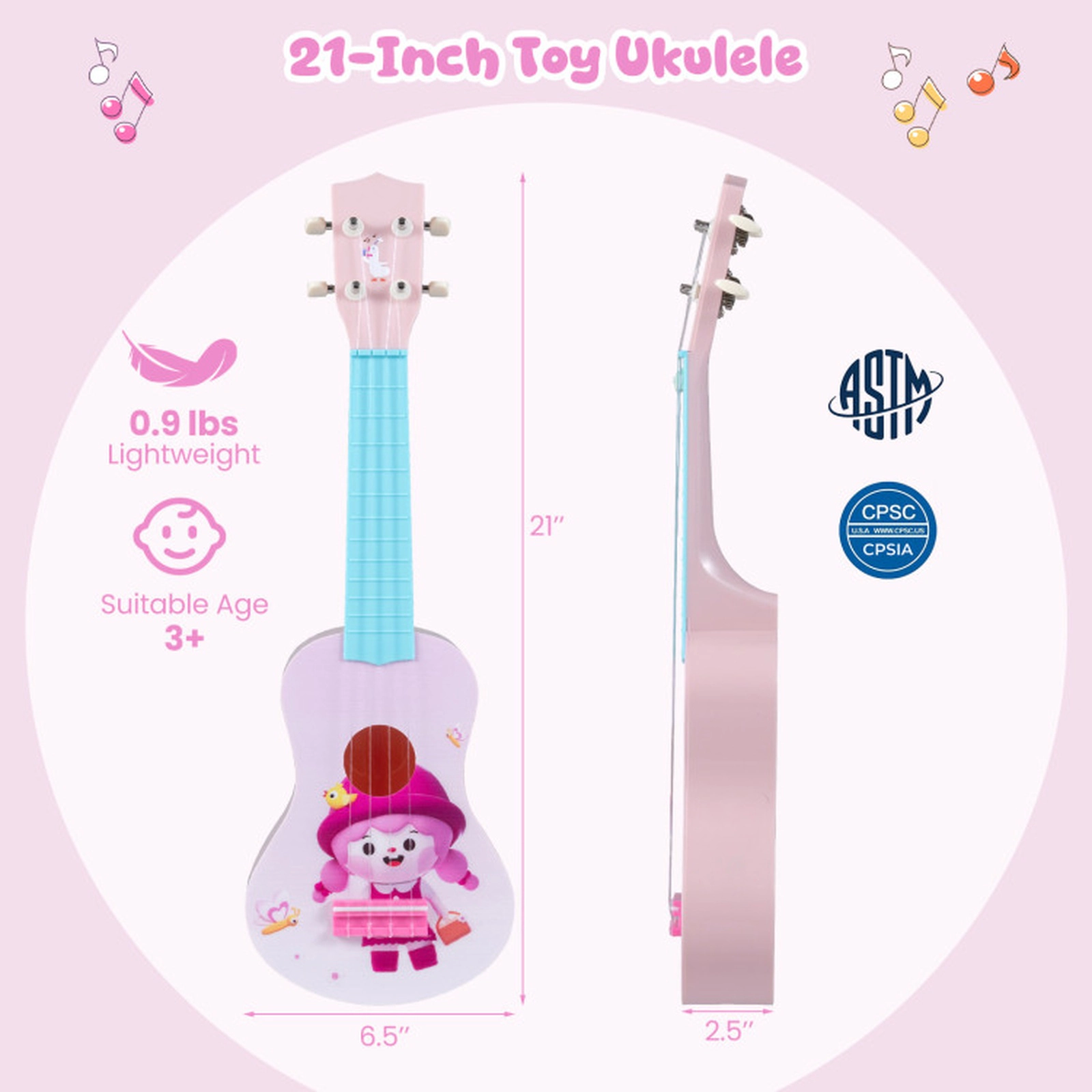 SUGIFT Kids 21-in Mini Ukulele Toy Guitar 4 Nylon Strings 12 Frets ABS Body 1-lb Ages 3+ Pink + Light Blue