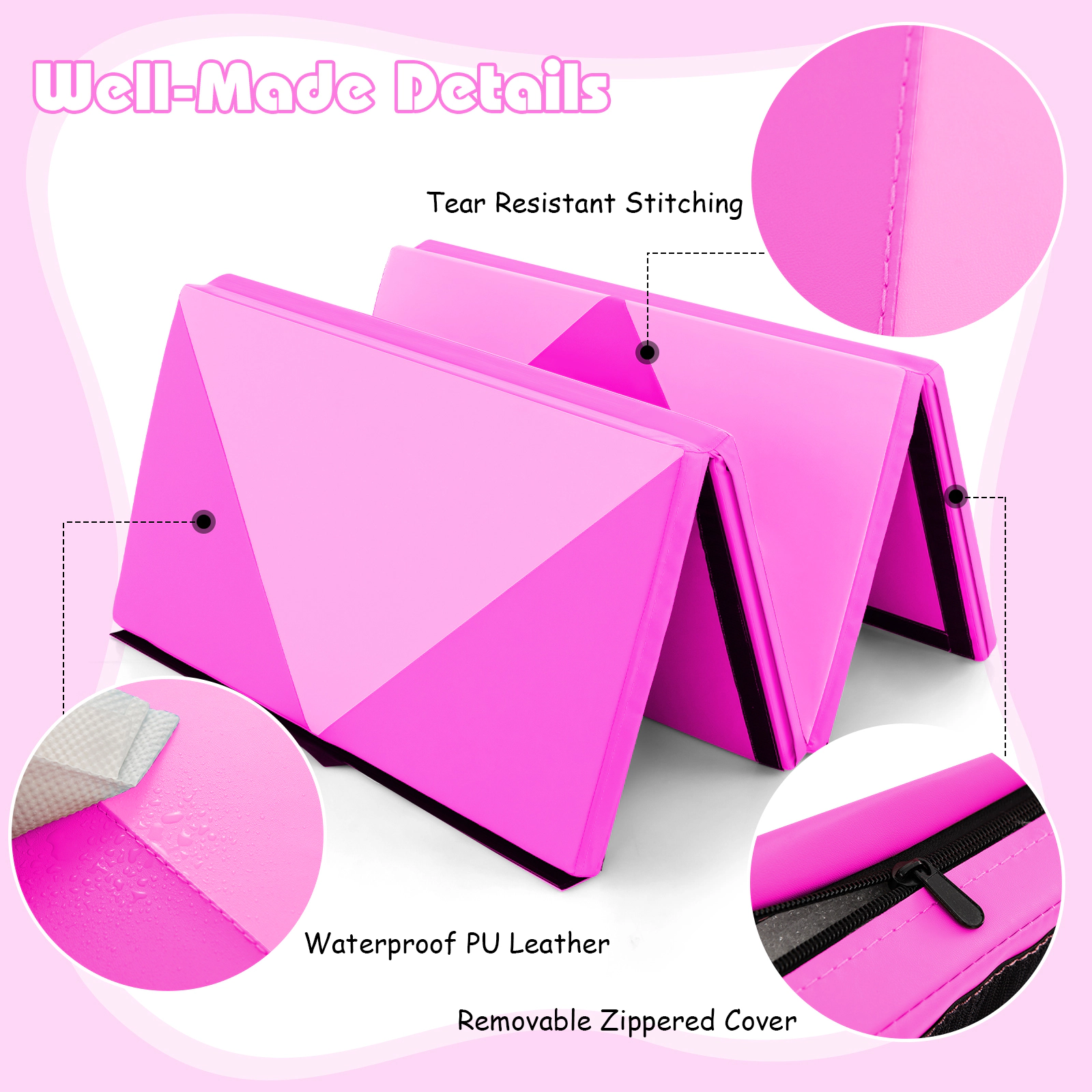 SUGIFT 8-Foot PU Leather Folding Gymnastics and Yoga Mat with Hook and Loop Fasteners 11-lb Net Weight Pink