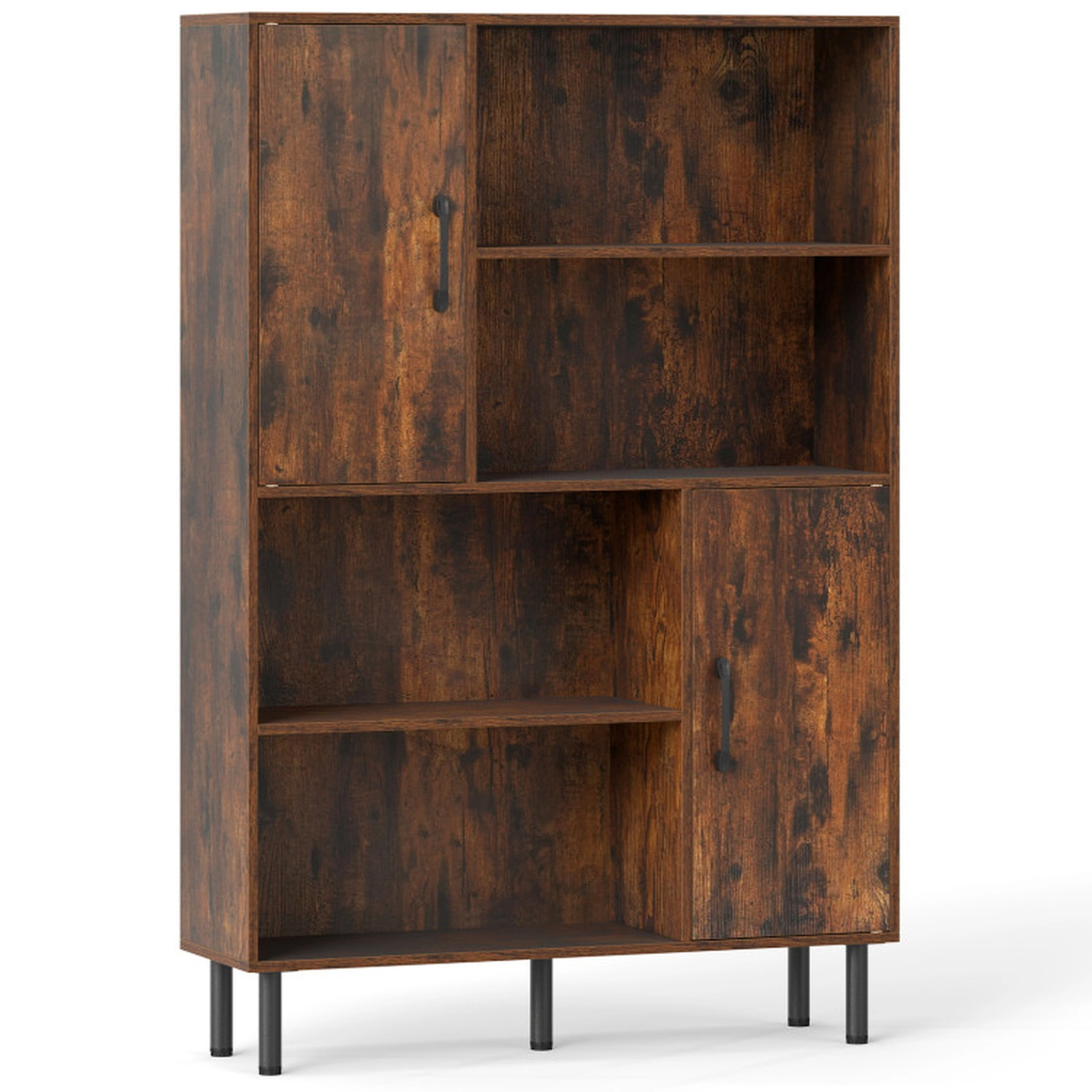 SUGIFT 47-in Storage Cabinet Freestanding Bookcase with 2 Doors 4 Open Shelves 176-lb Capacity Rustic Brown