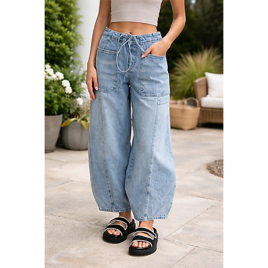 Threaded Pear Women's Bella Paperbag Waist Barrel Jeans, Color