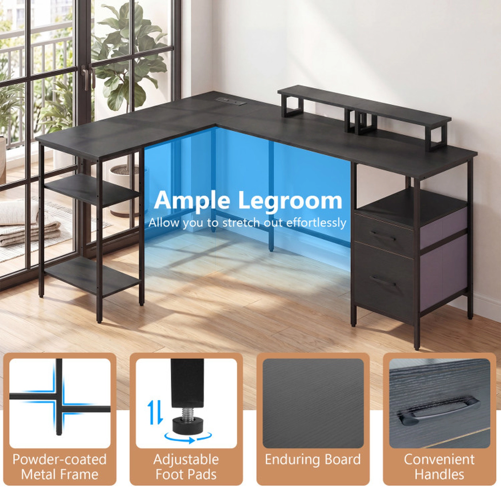SUGIFT L Shaped Computer Desk with Power Outlet and Reversible Monitor Stands 155-lb Tabletop Capacity Black