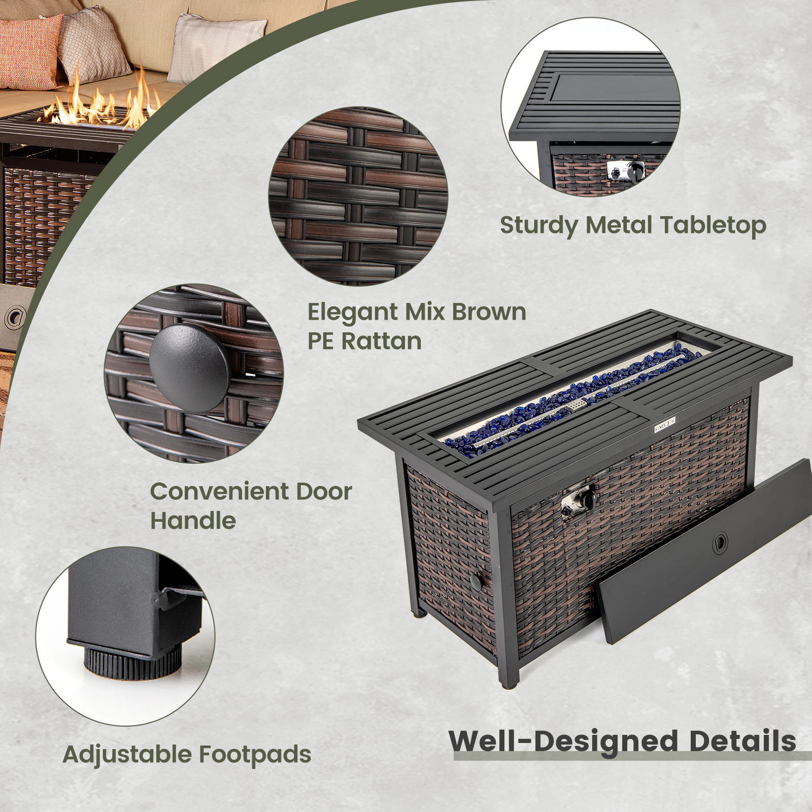 SUGIFT Brown Rattan Propane Fire Pit Table with Glass Stones 45-in W 23-in D 25-in H 220-lb Tabletop Capacity
