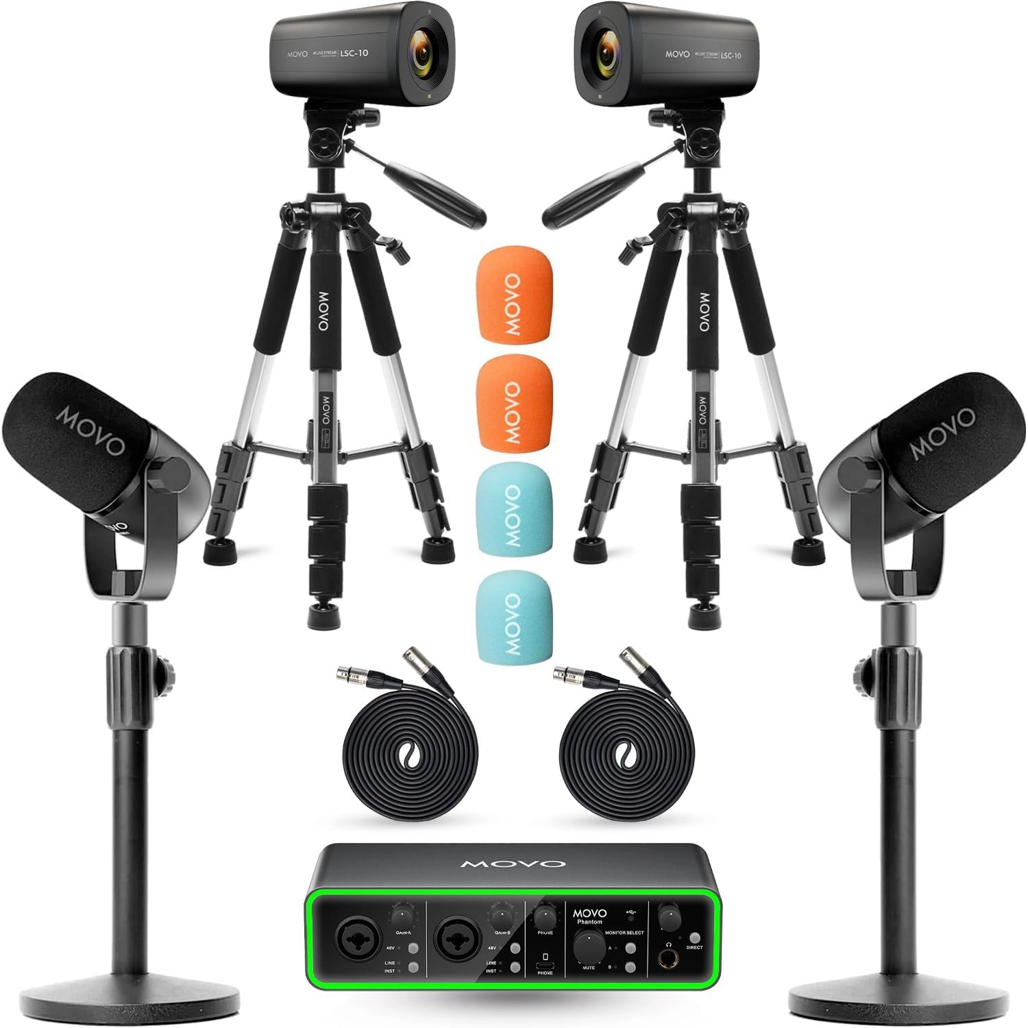 Movo Video Podcast Equipment Bundle – USB Audio Interface, 2 XLR Dynamic Microphones, 2 4K UHD Cameras, 2 Desk Stands