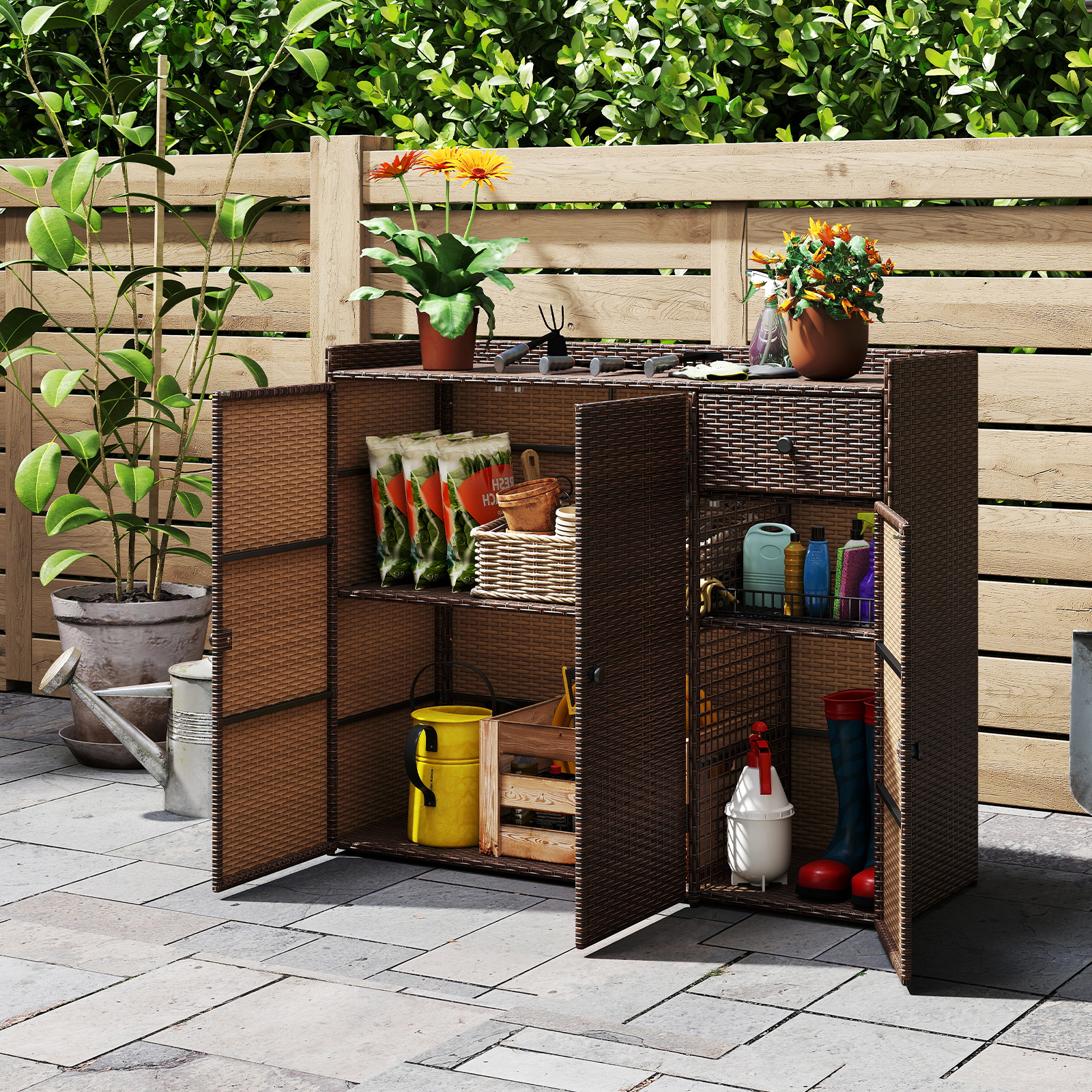 SUGIFT 3-Door Removable Shelves Drawer PE Wicker Outdoor Deck Storage Cabinet 48-in x 17-in x 40-in 110-lb Top Brown