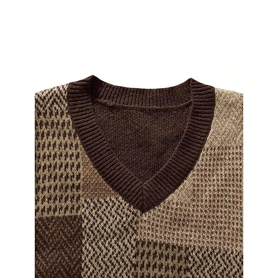 Abode Aesthetics Mens V-Neck Geometric Print Cable Knit Sweater