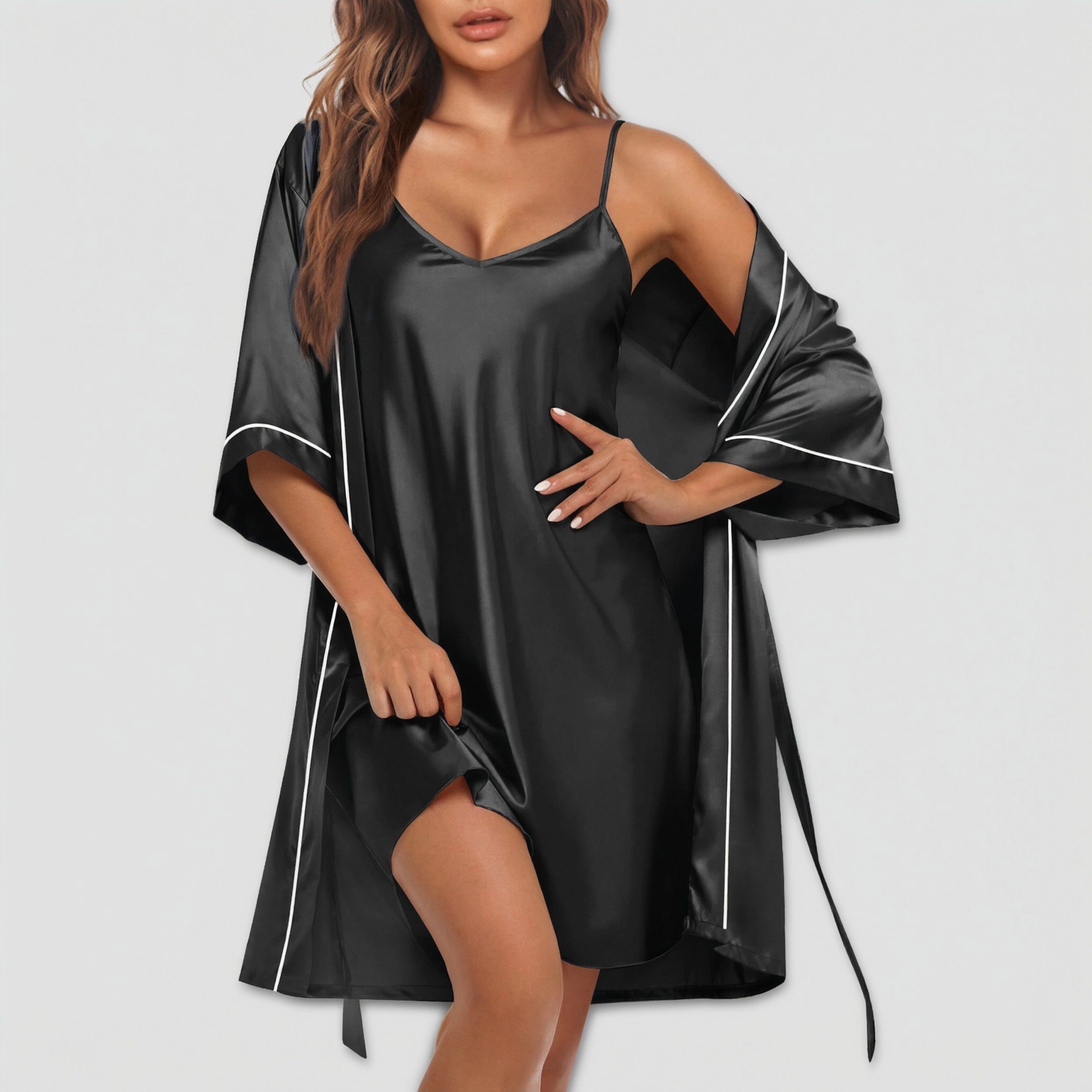 Ekouaer Women Satin Robe Two Piece Set Nightgown with Bridal Party Bathrobe Nightwear