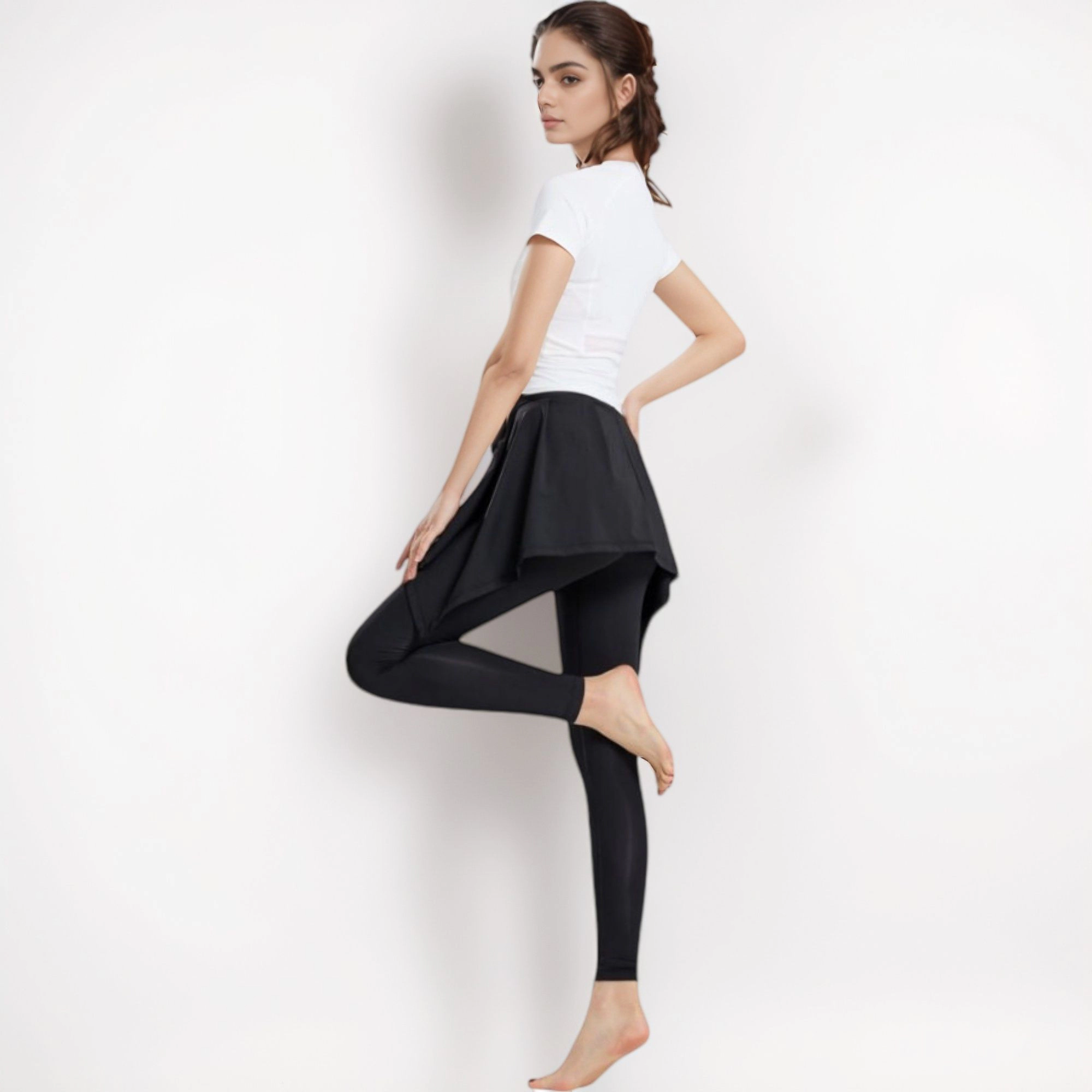 Anna-Kaci Active Women's Full-Length Leggings with Attached Tie-Front Skirt Overlay for and Casual Looks