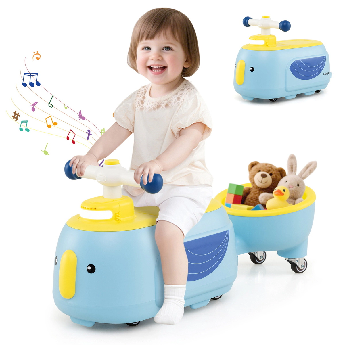 SUGIFT Blue Detachable Trailer Light Music and Under Seat Storage Toddler Ride On Toy