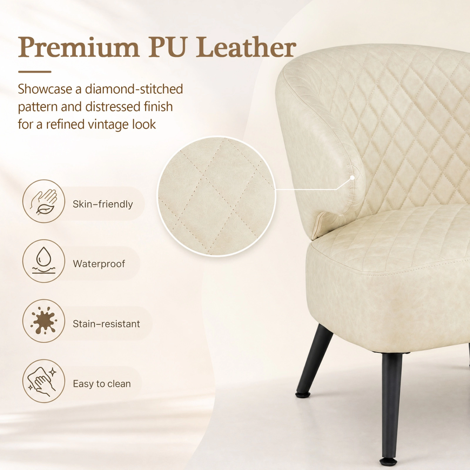 SUGIFT Diamond-Stitched PU Leather Mid Century Accent Armchair Curved Back 330-Lb Capacity 25 x 25.5 x 30 in Beige+Black