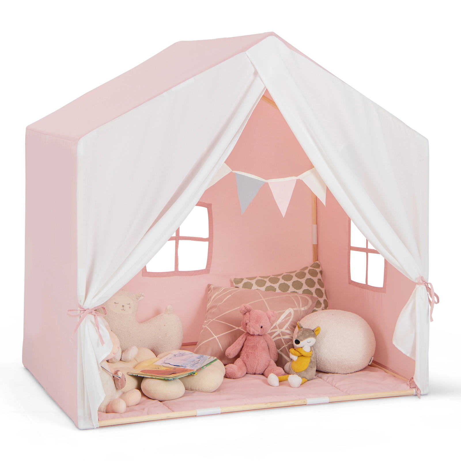 SUGIFT Kid's Play Tent with Washable Cotton Mat and Flag Banner 52-in Long Ages 3+ Pink Orange Bed Tent