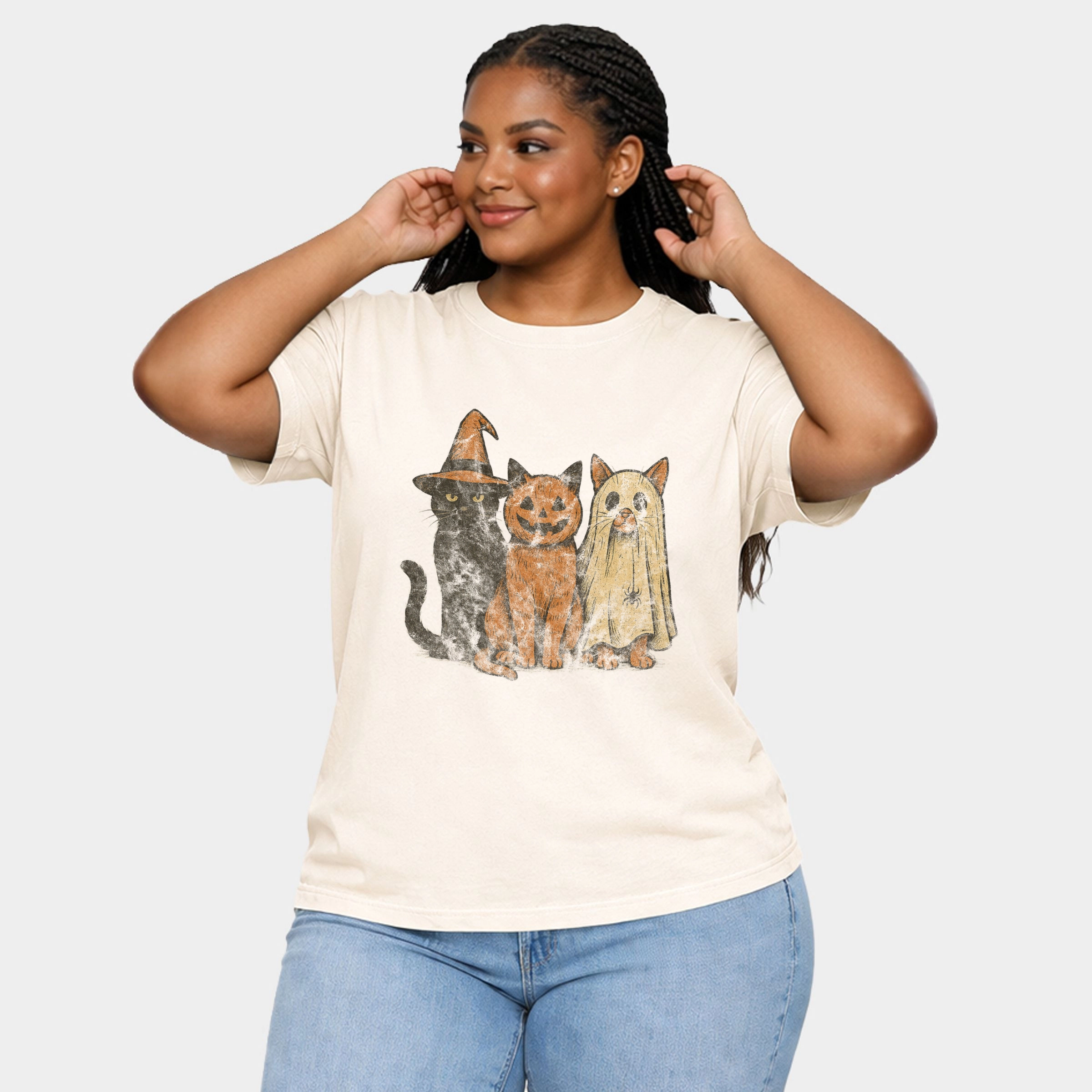 Simply Sage Market - Women's Plus Sized Garment Dyed Graphic T-Shirt Halloween Cat Trio