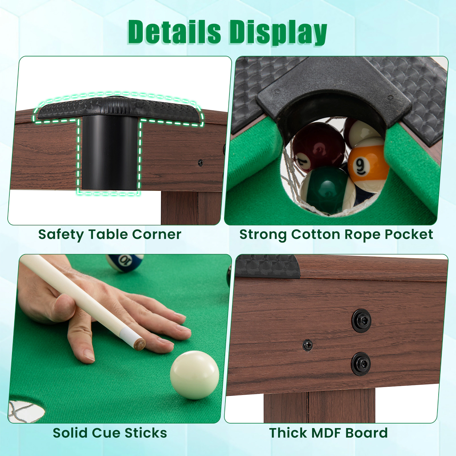 SUGIFT Green Wooden Pool Billiard Table with Full Ball Set and 36-in Cue Sticks 48-in W 24-in D 30-in H