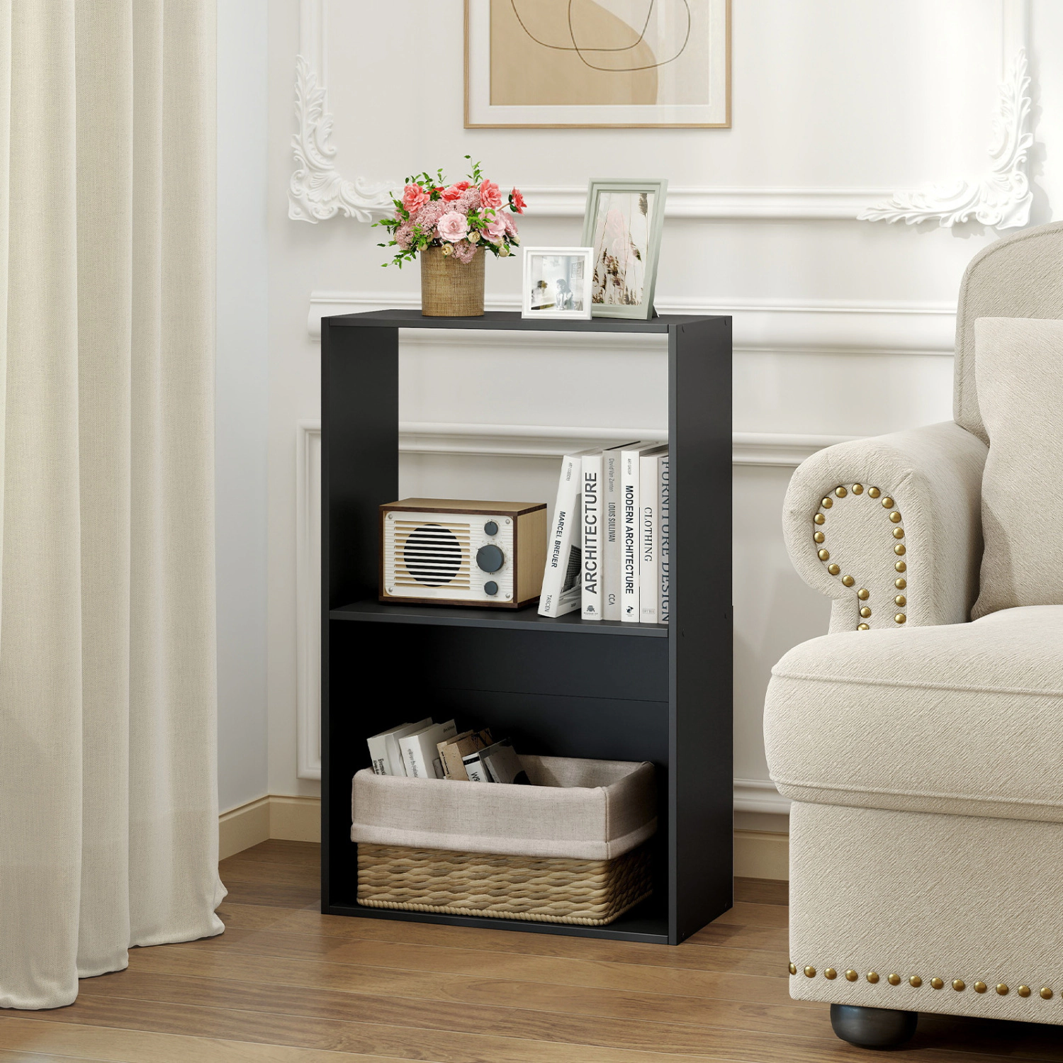 Hivvago Freestanding Book Storage Organizer with Tiered Open Shelves