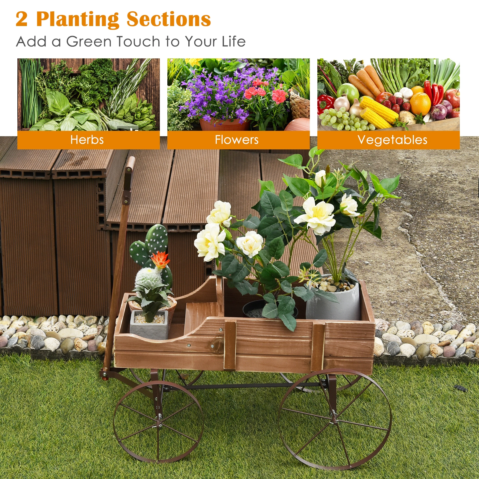 SUGIFT 24.5-in 33-lb Capacity Fir Wood Wagon Garden Planter with 4 Metal Wheels and Pull Handle