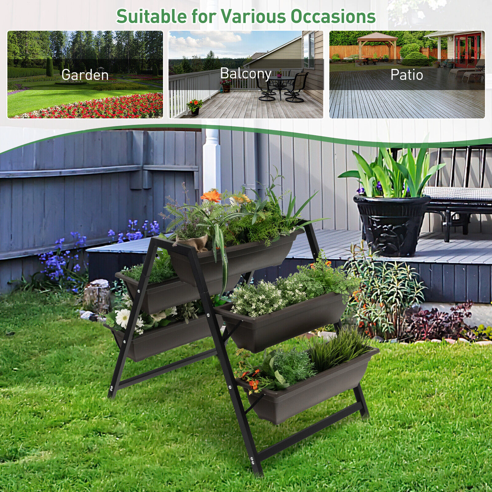 SUGIFT 3-Tier Black Vertical Raised Garden Bed with 5 Hanging Plant Boxes 25.5-in W 36-in D 31-in H 55-lb Per Box