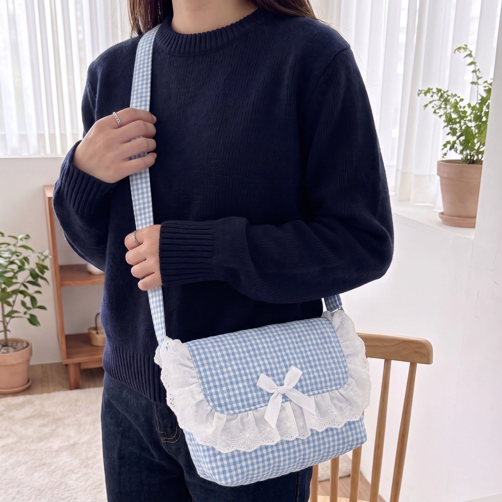 Alilang Unisex Quilted Gingham Makeup Bag with Shoulder Strap Lace Ruffle Bow