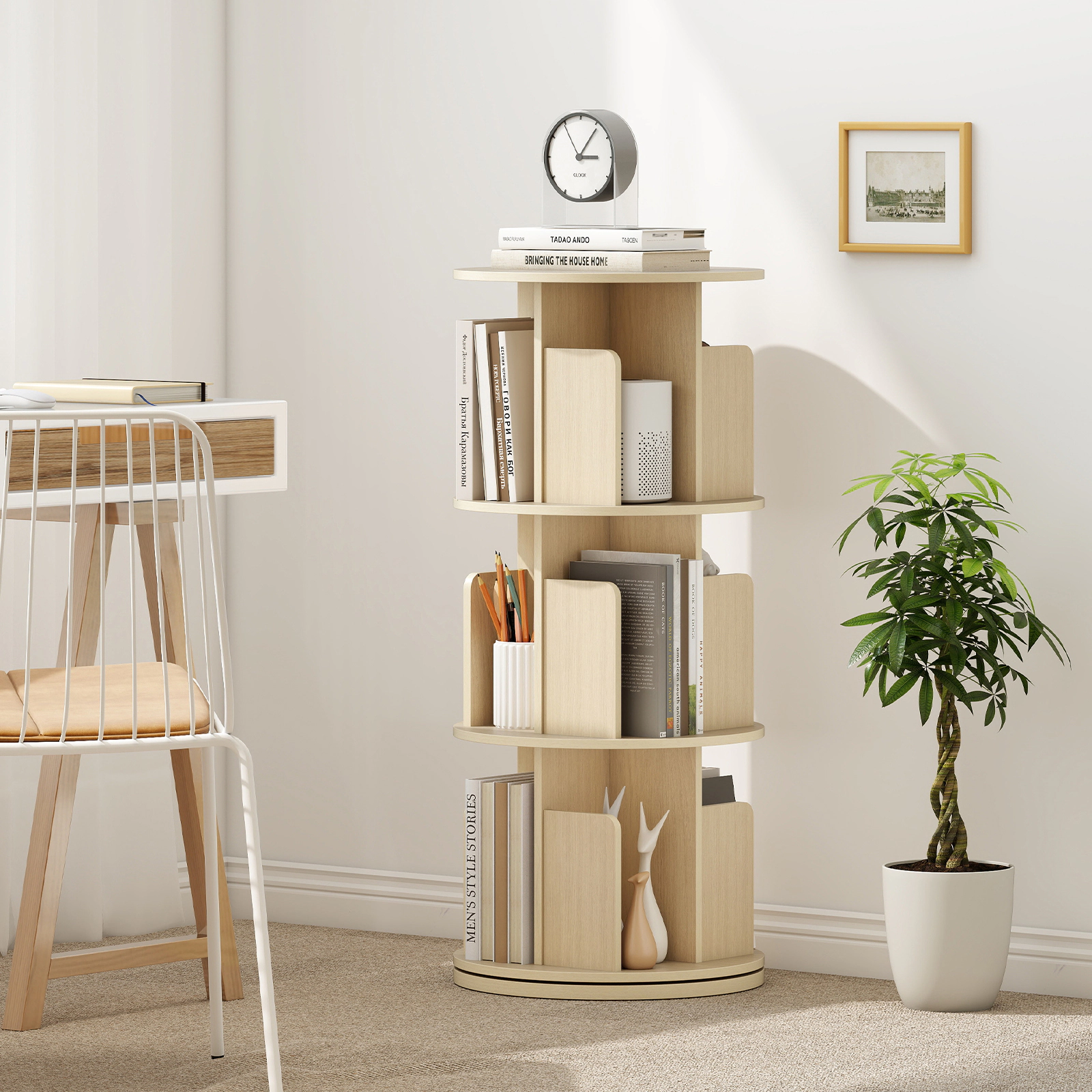 SUGIFT 3-Tier 38.5-in Rotating Bookshelf with 360-Degree Swivel Base Dividers and Anti-Falling Baffles