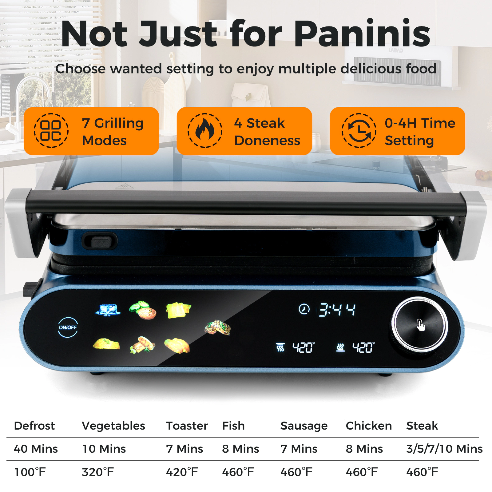 LJG 1200W Panini Press Grill with LED Display and 7 Grilling Modes