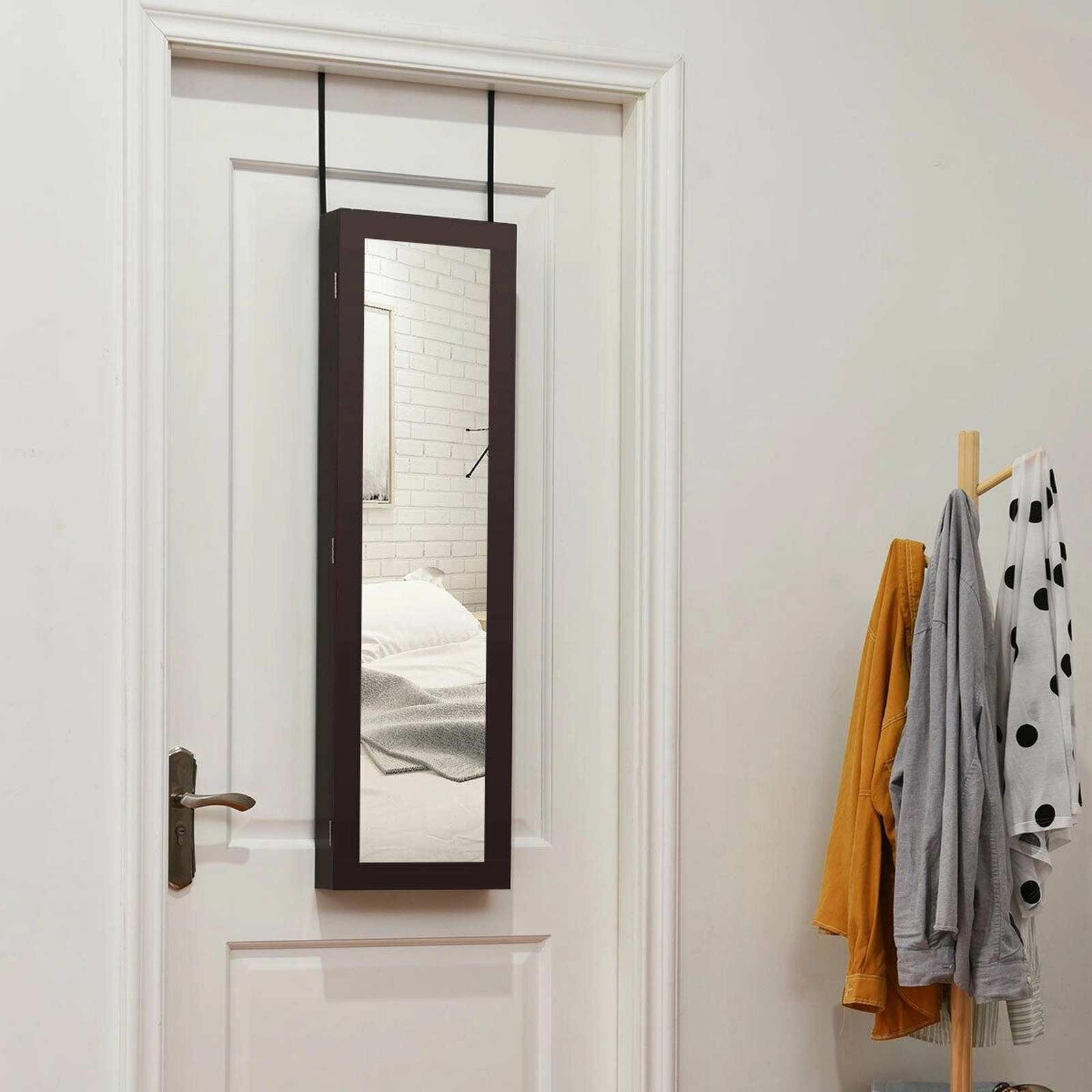 SUGIFT Dark Brown Full-Length Mirror Jewelry Cabinet with Ring Slots Necklace Hooks and Wall Storage