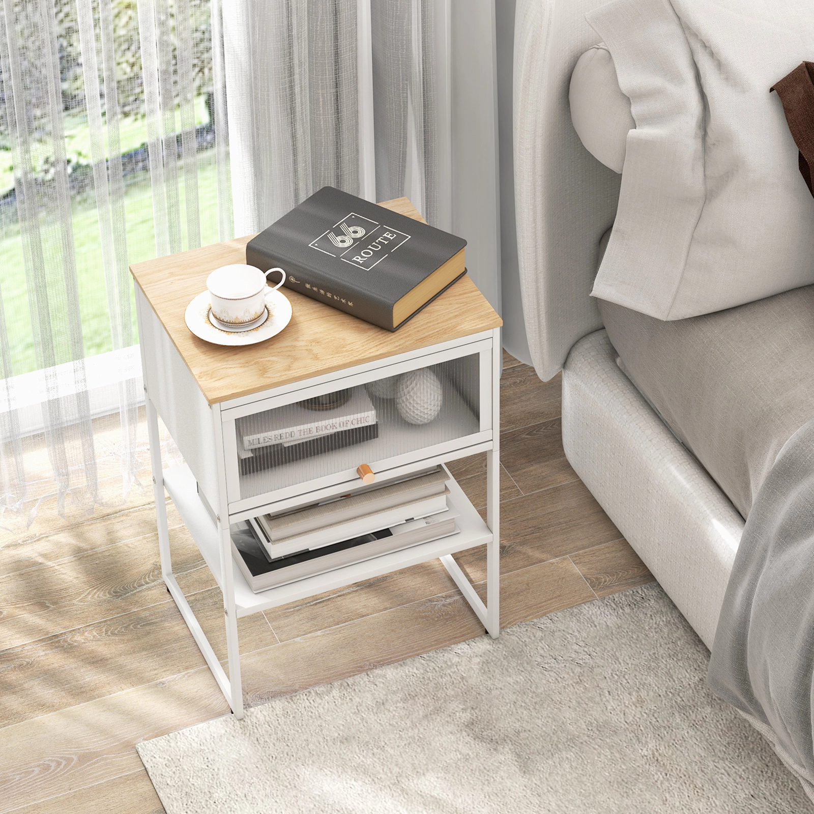 Glintex 3-Tier Nightstand with Flip-Up PC Door and Magnetic Catch, White