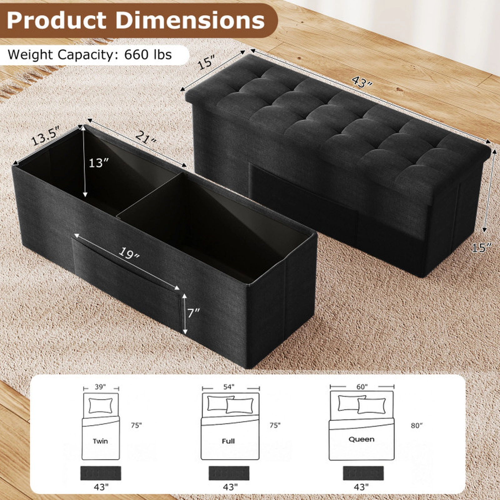 SUGIFT Folding Storage Ottoman Bench with Padded Seat 660-lb Capacity Dark Gray/Light Gray/Blue/Black/Brown