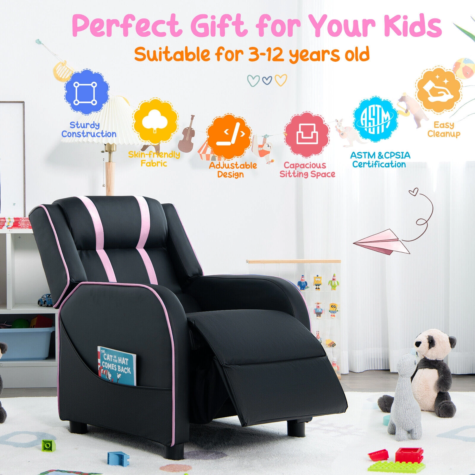 SUGIFT High-Density Sponge Kids Recliner Chair with Side Pockets and Footrest 110-lb Capacity Ages 3-12 Pink