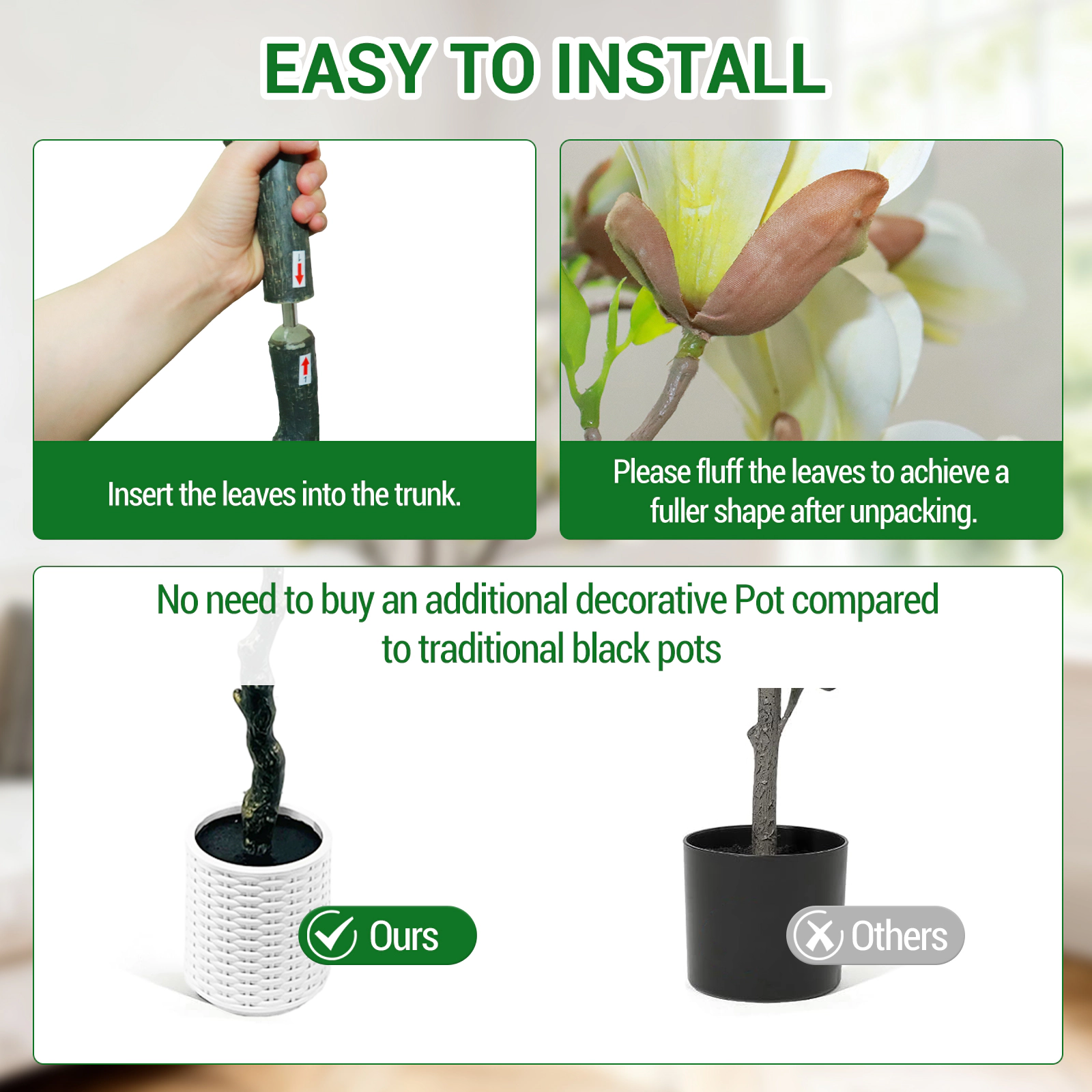 6FT Artificial Magnolia Flower Tree with Pot,Real Touch Silk Faux Plant Decor