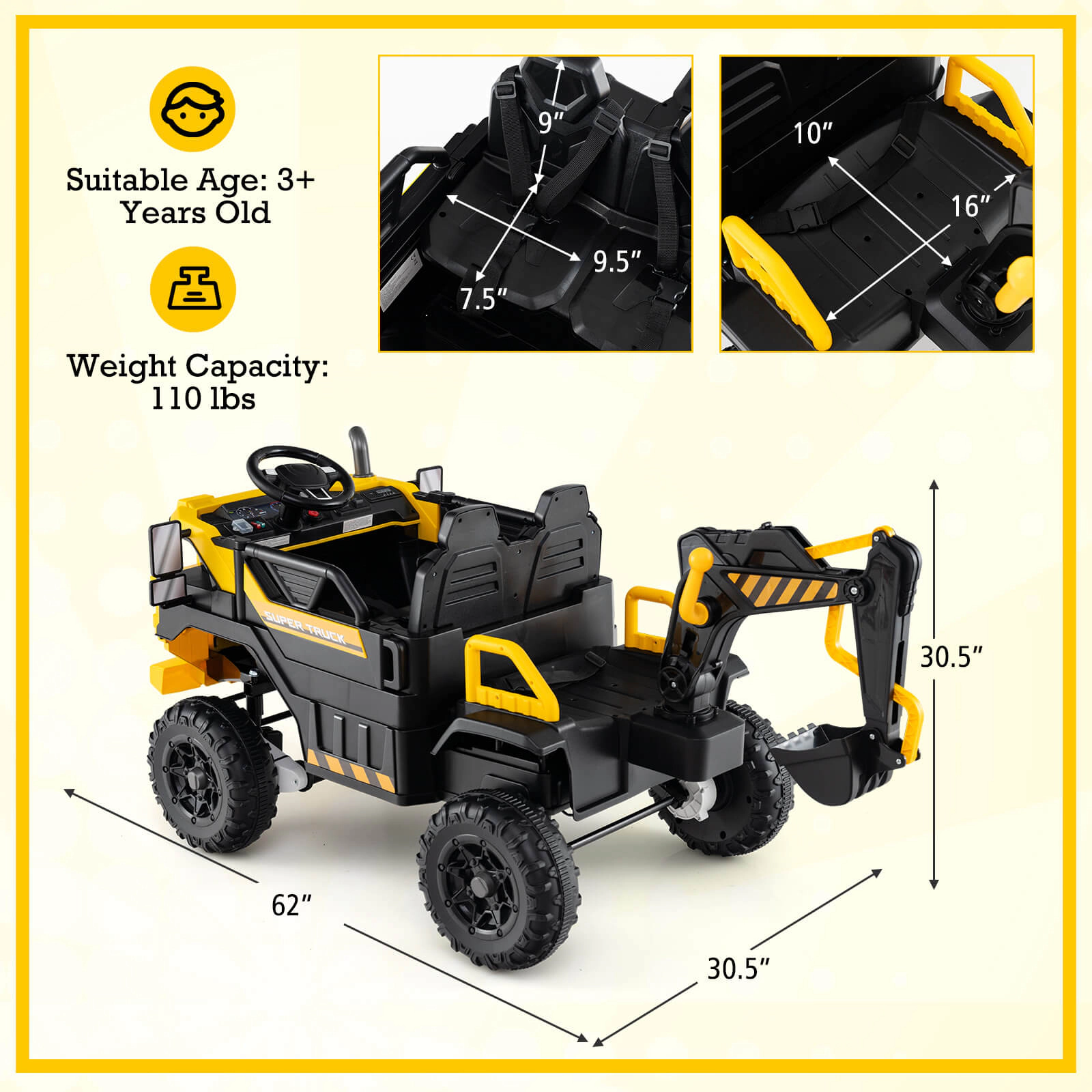 Costway 24V Ride On Excavator, 4WD Electric Truck Construction Vehicle with Remote Control