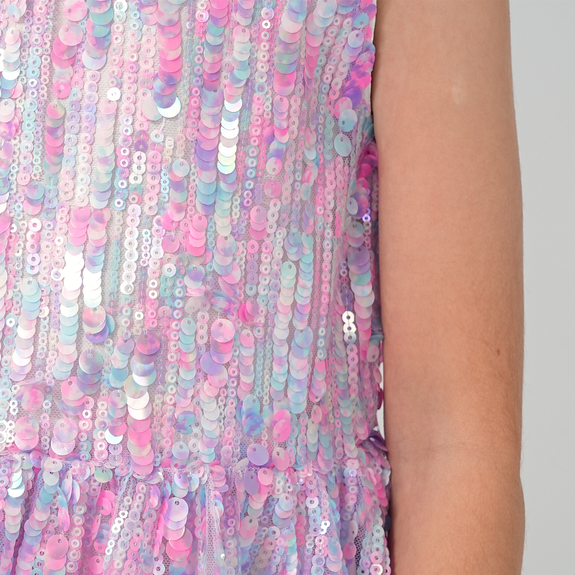 2Bunnies Girls' Pastel iridescent Sequin Illusion Neckline Sleeveless Dress