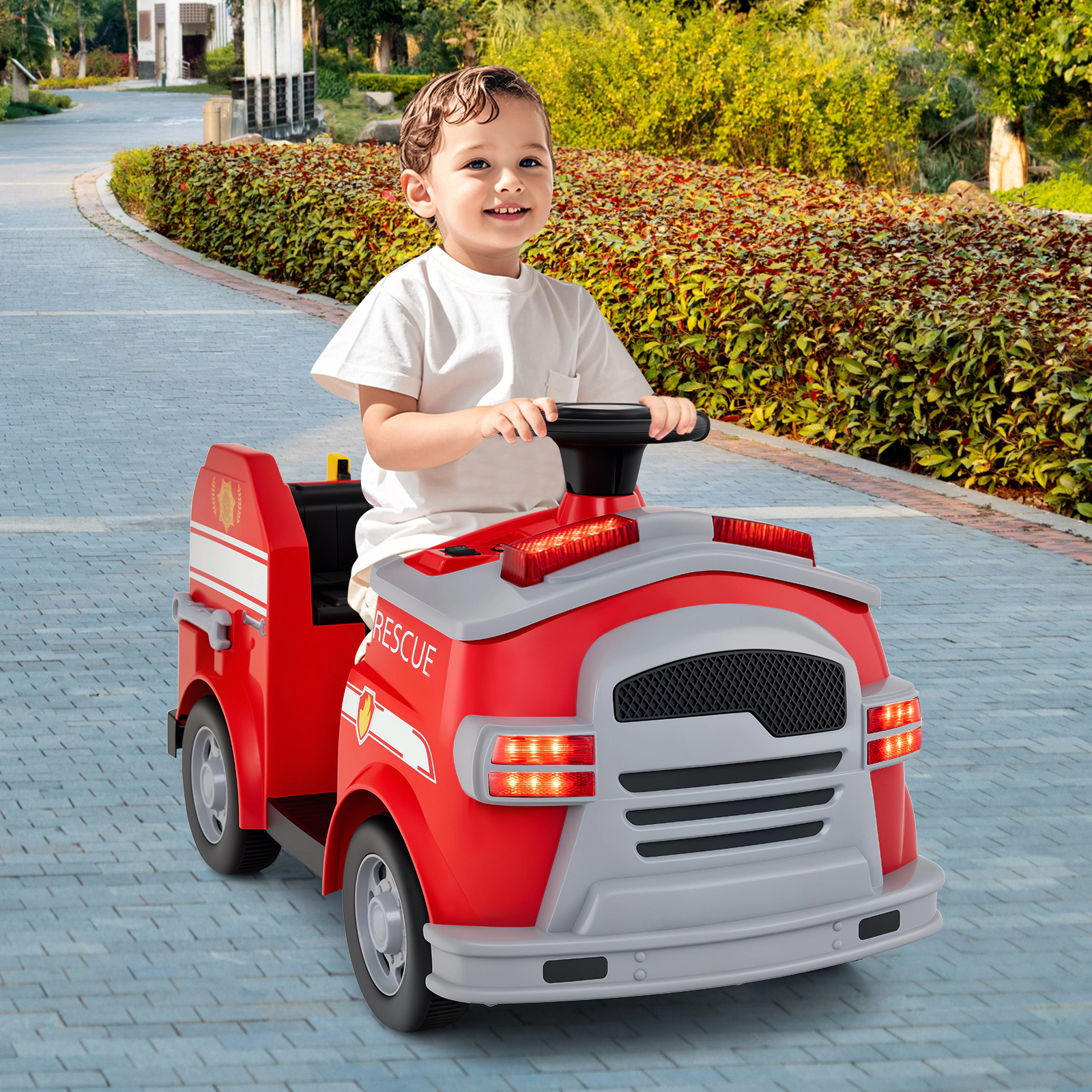 SUGIFT 12V Ride-On Fire Truck Toy Car with Shovel Wrench Ladder and Safety Hat 55-lb Capacity Ages 37-95 Months Red