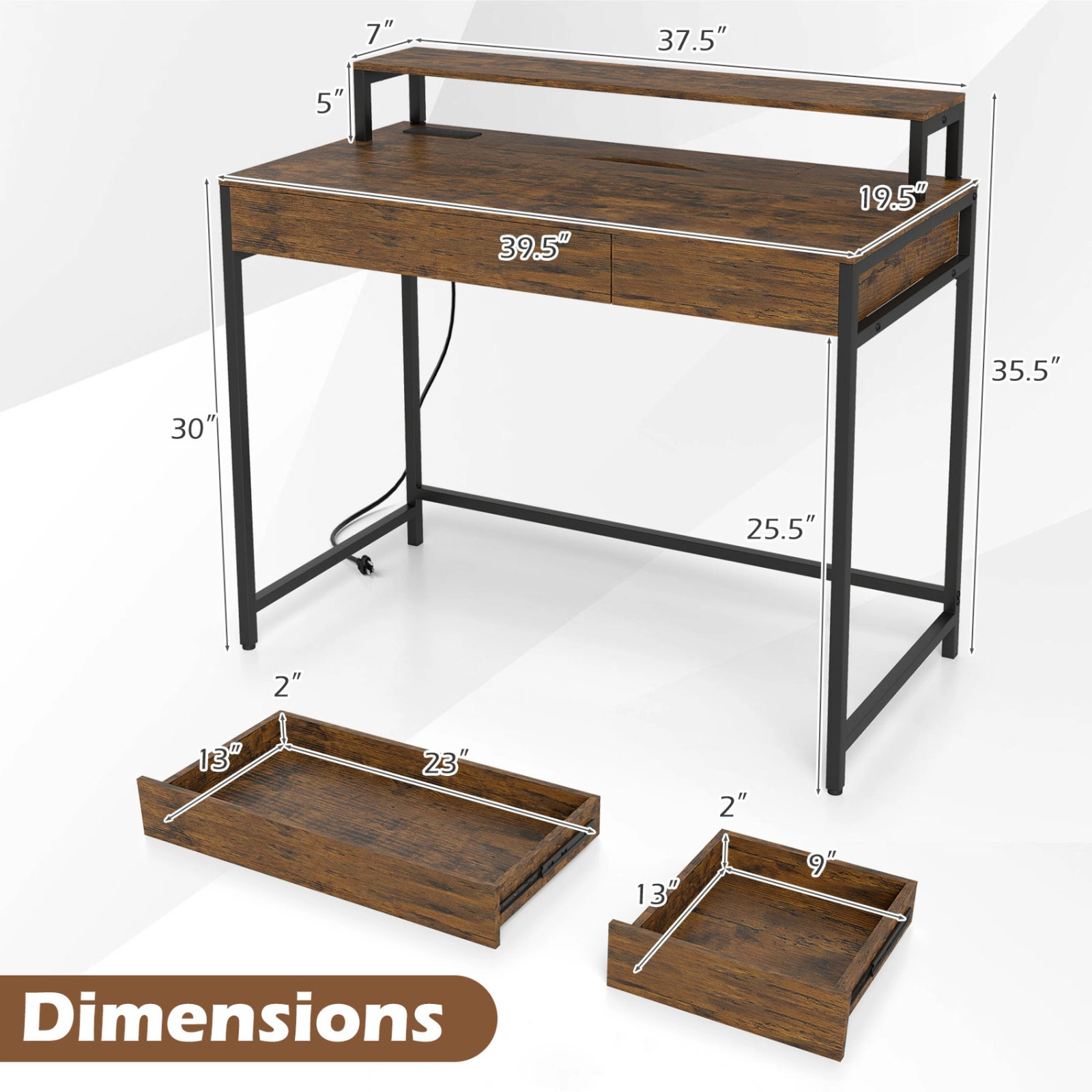 SUGIFT 39.5 in Office Desk Rustic Brown with Removable Monitor Shelf and Dual-Use Drawer