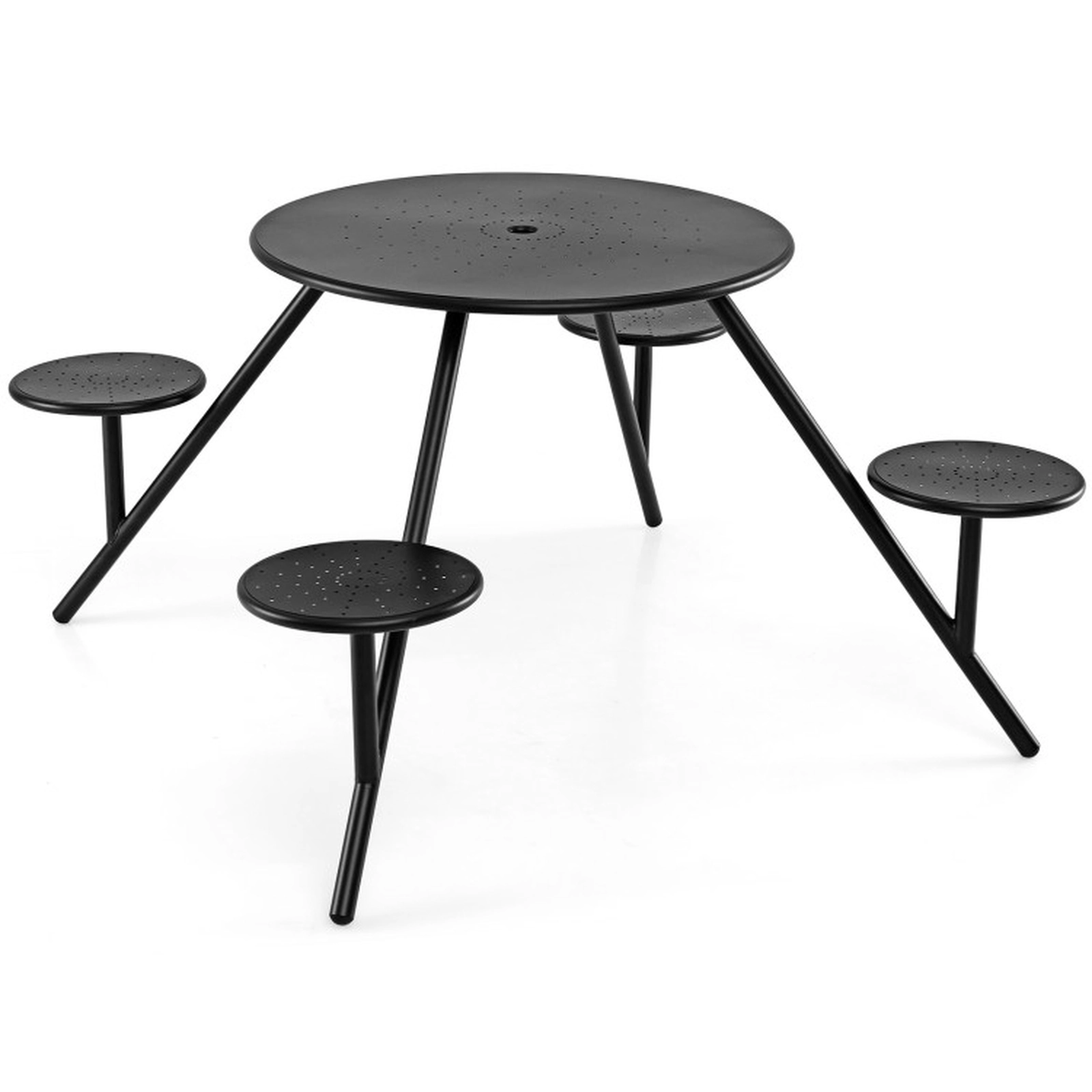 SUGIFT Round Galvanized Iron Picnic Table for 4 with 31.5-in Top 180-lb Table 330-lb Seats Umbrella Hole Black