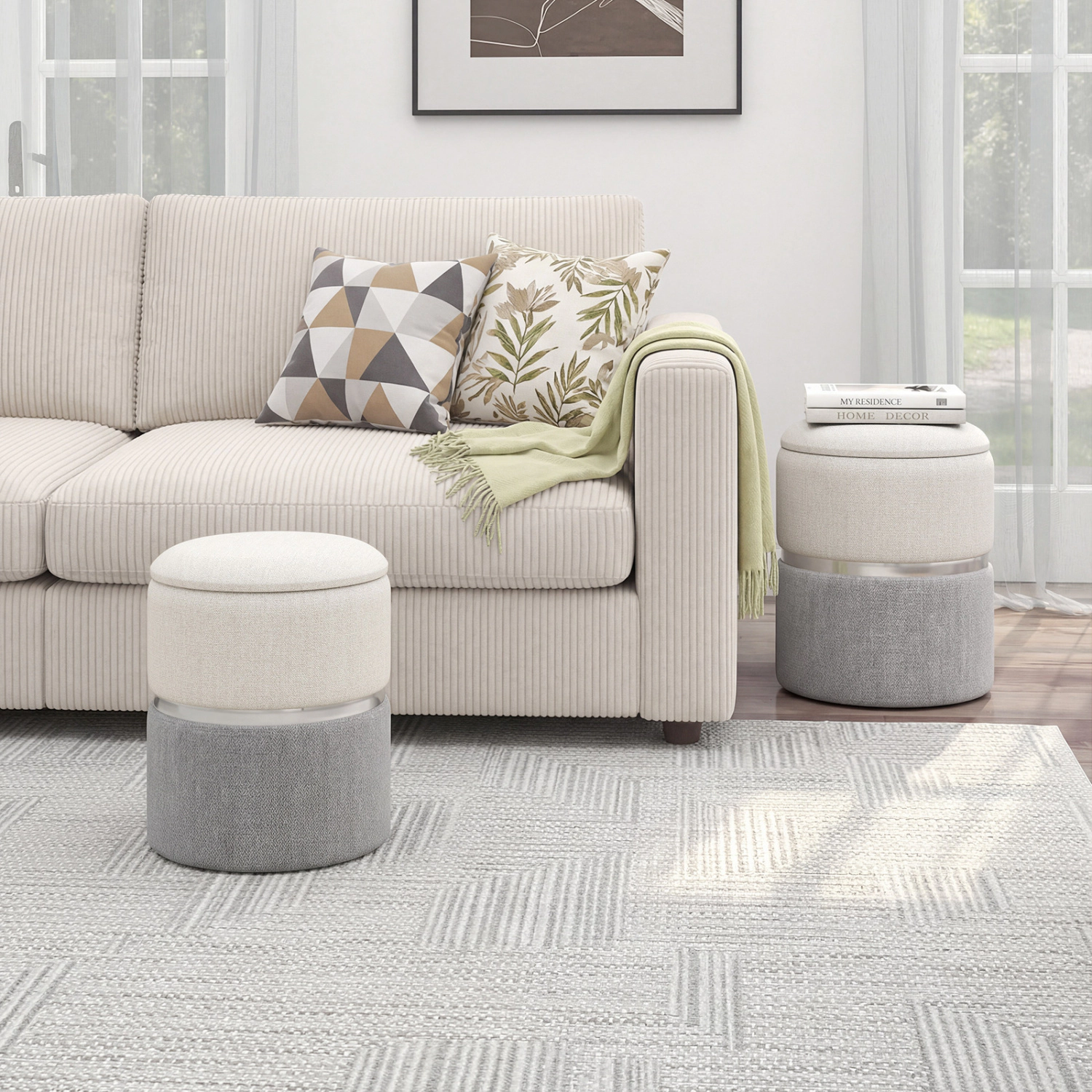 LJG Velvet/Linen Fabric Storage Ottoman Set of 2