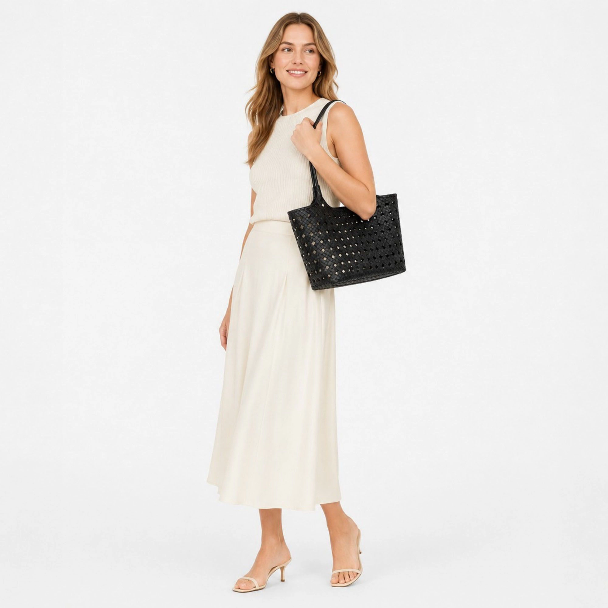 Alilang Women's Woven Shoulder Bag with Cutout Design Soft Faux Leather Feel Tote and Inner Pouch