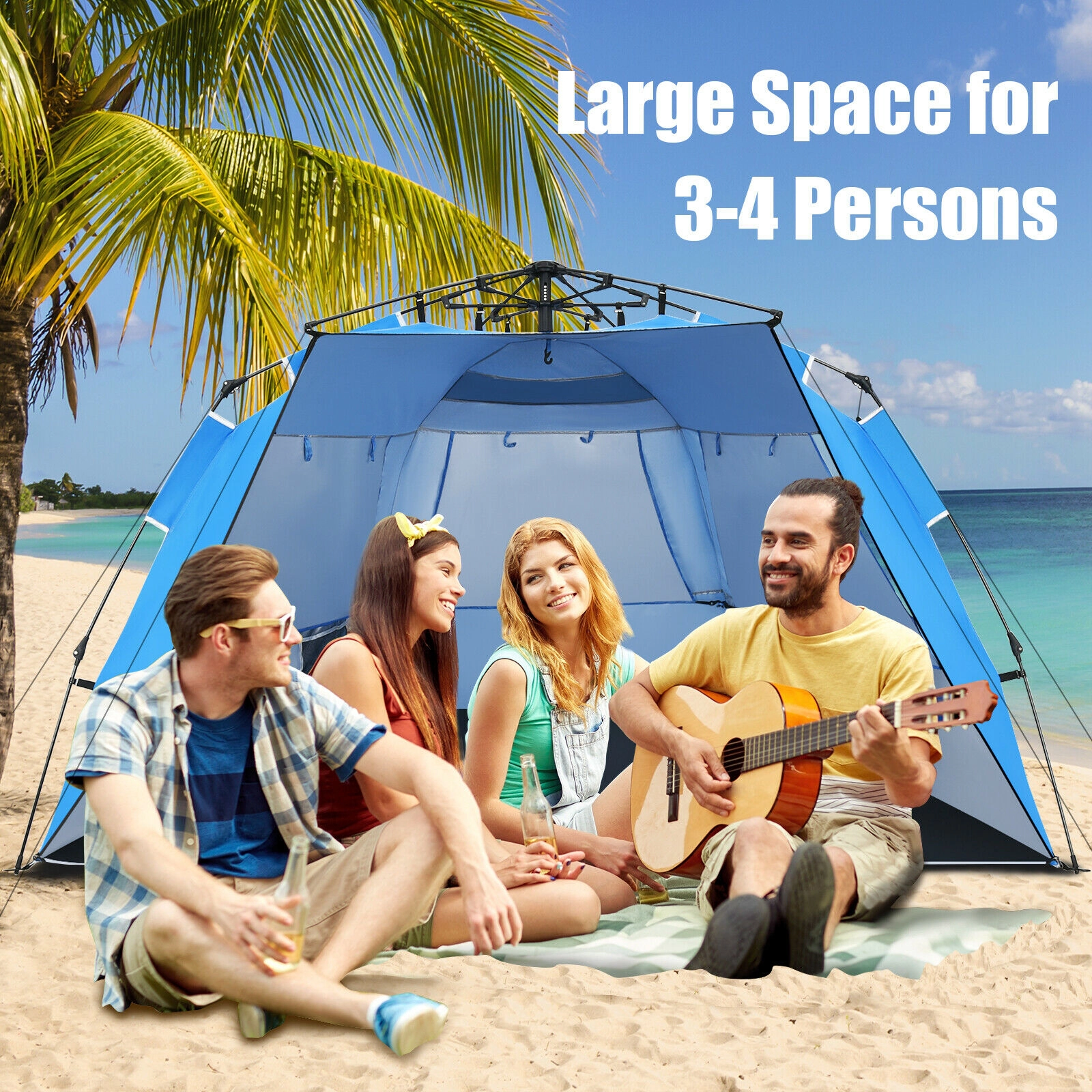 SUGIFT 3-4 Person Blue UPF 50+ Pop Up Beach Tent with Extendable Floor and 50-in Porch 100-in W 50-in D 52-in H