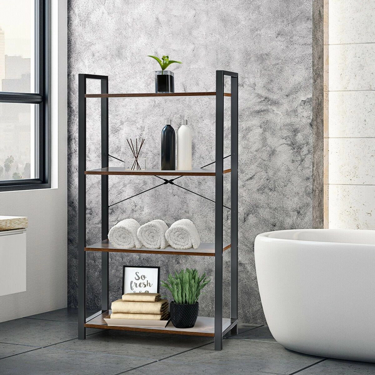 SlickBlue Modern 4-Tier Ladder Shelf with Iron Frame and Storage
