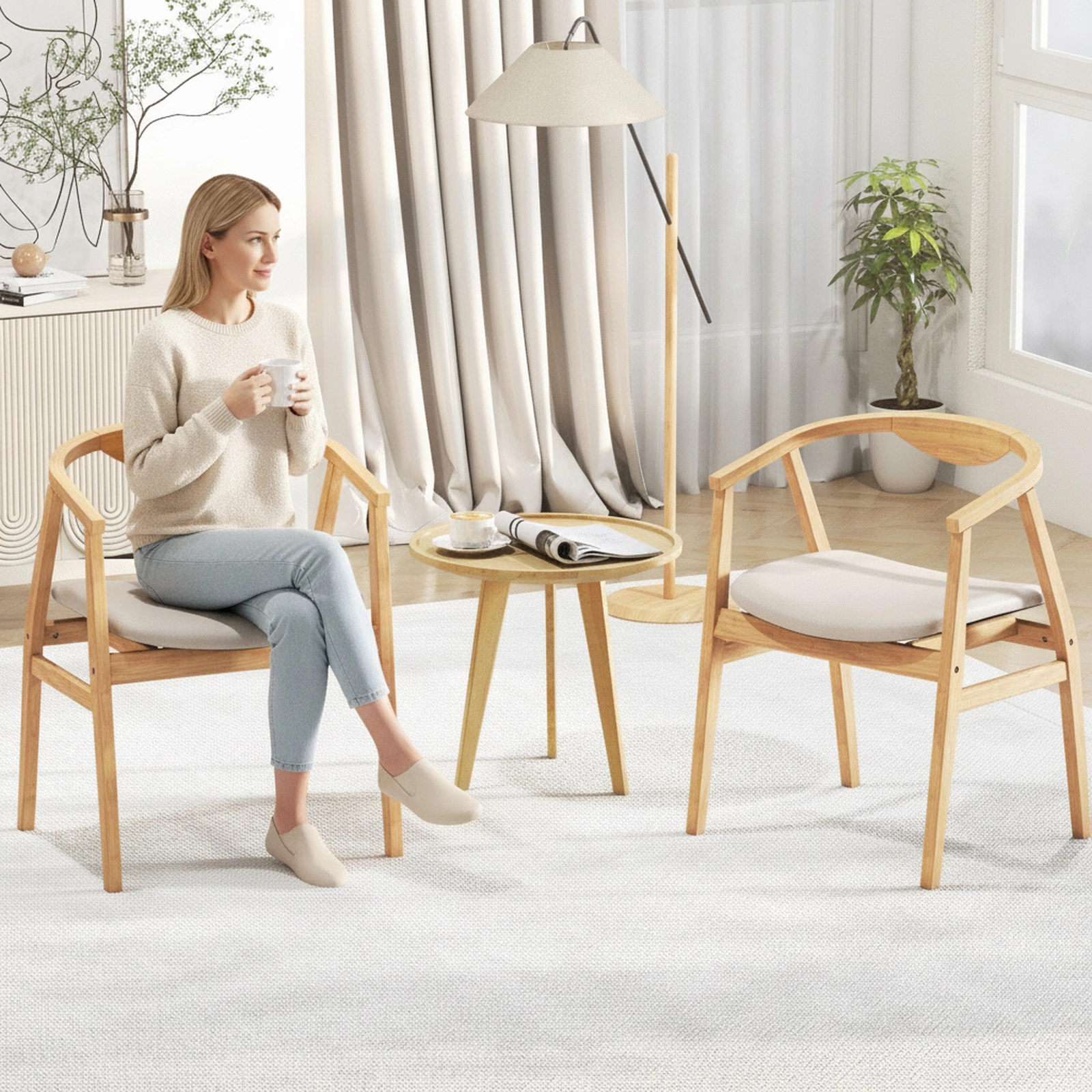 SUGIFT Natural Bamboo Dining Chair, Curved Backrest, Armrests, Padded Cushion, 330-lb Capacity