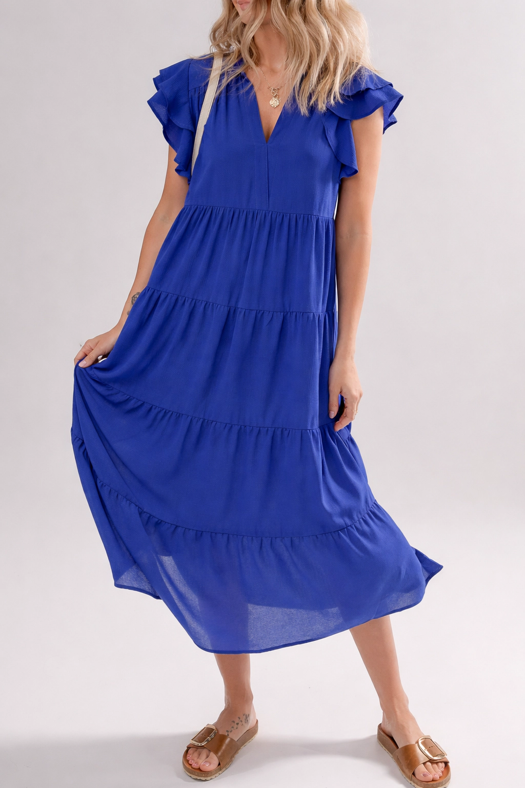 Threaded Pear Women's Zelda Collared Tiered Midi Dress
