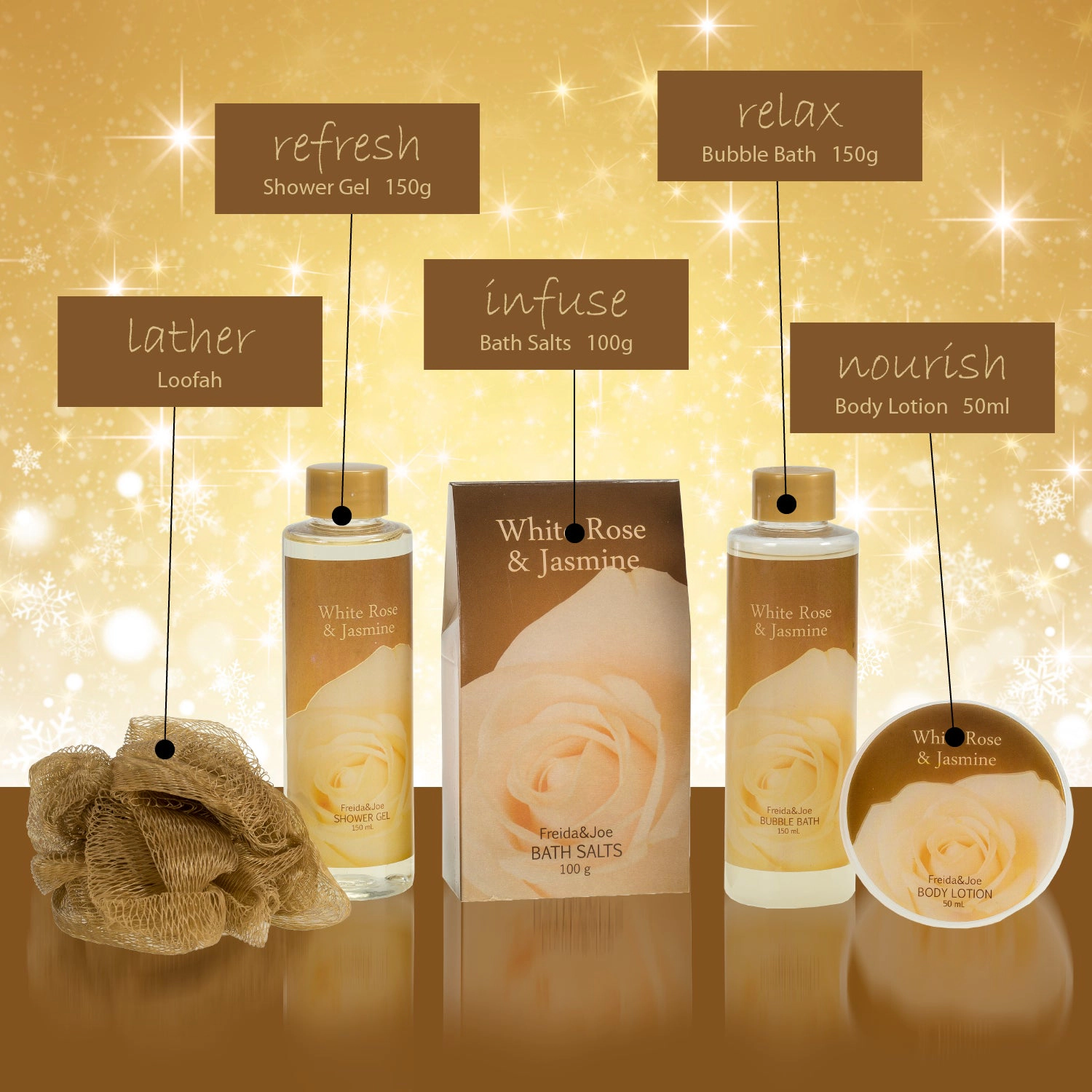 Freida and Joe Women White Rose Jasmine Gold Tub Spa Basket: Shower Gel, Bubble Bath, Body Lotion, Bath Salts