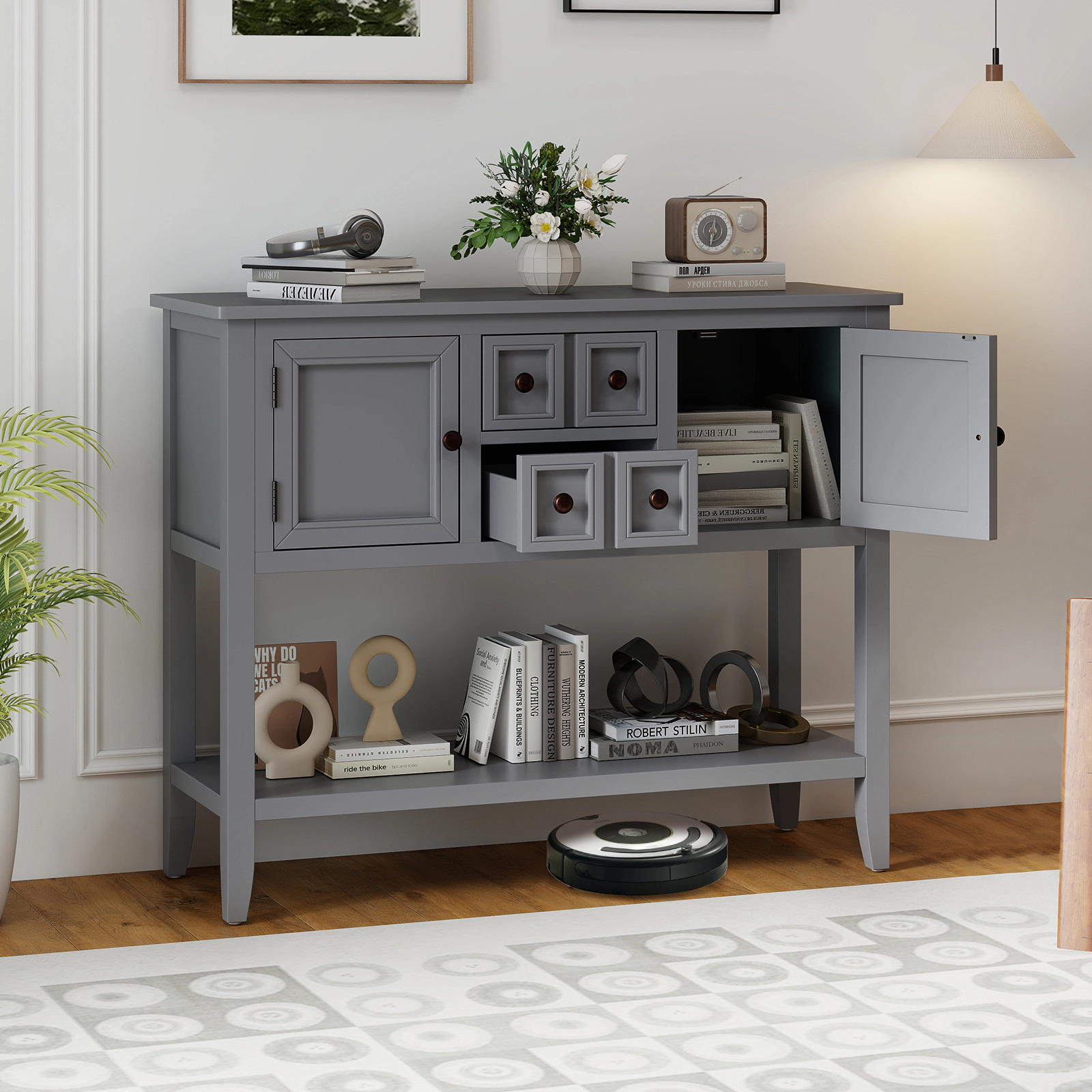 Glintex 42-Inch Buffet Cabinet with Pine Legs and Open Bottom Shelf