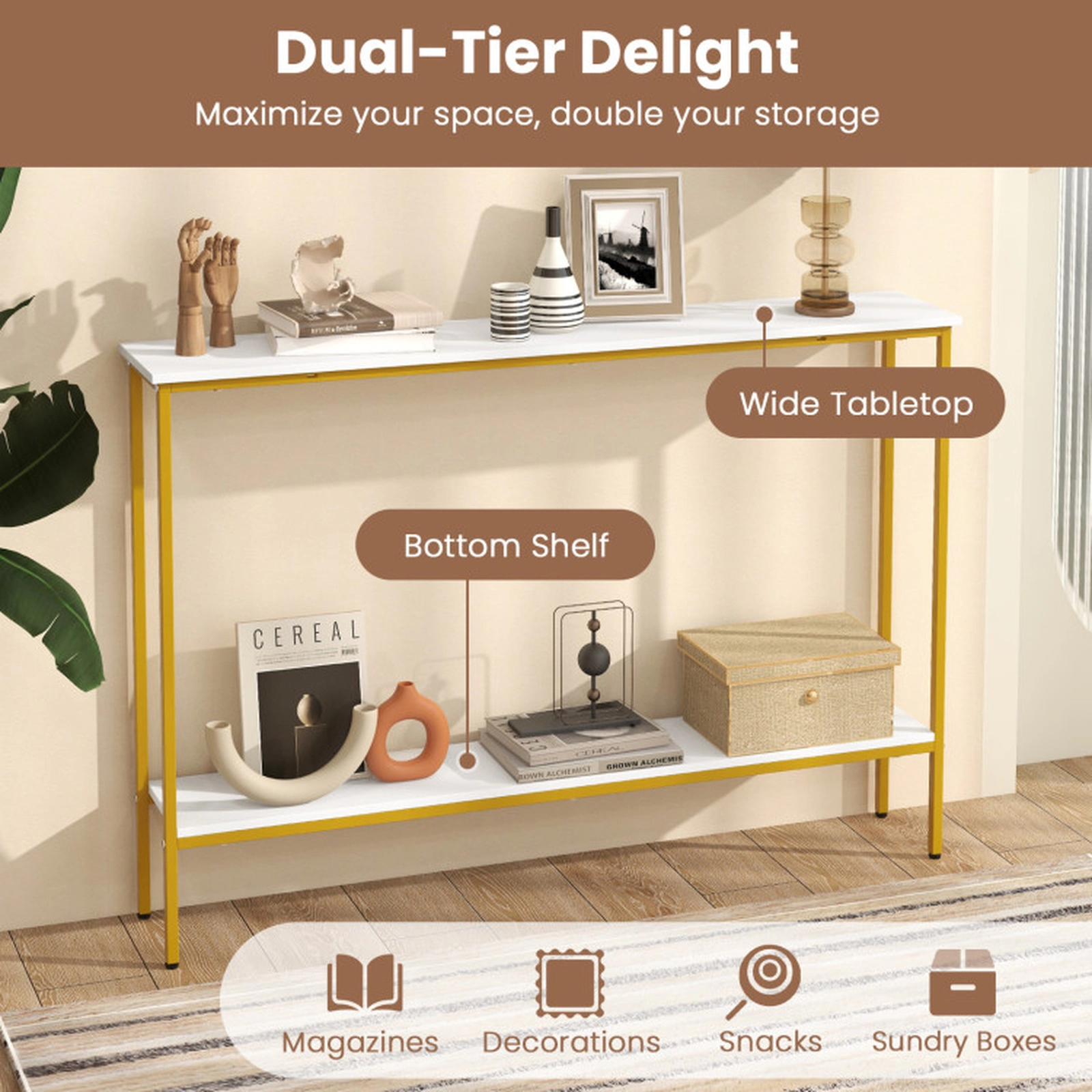 SUGIFT 2-Tier Narrow Anti-Tipping Kits Gold Metal Frame Console Table 44-in x 8-in x 30.5-in 30-lb Capacity White