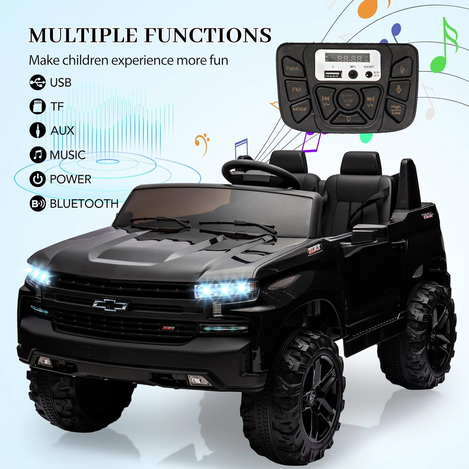 24V Licensed Chevrolet Silverado 2-Seater Kids Ride On Truck, Electric Car w/Remote, 90W Motors, LED Lights, Suspension