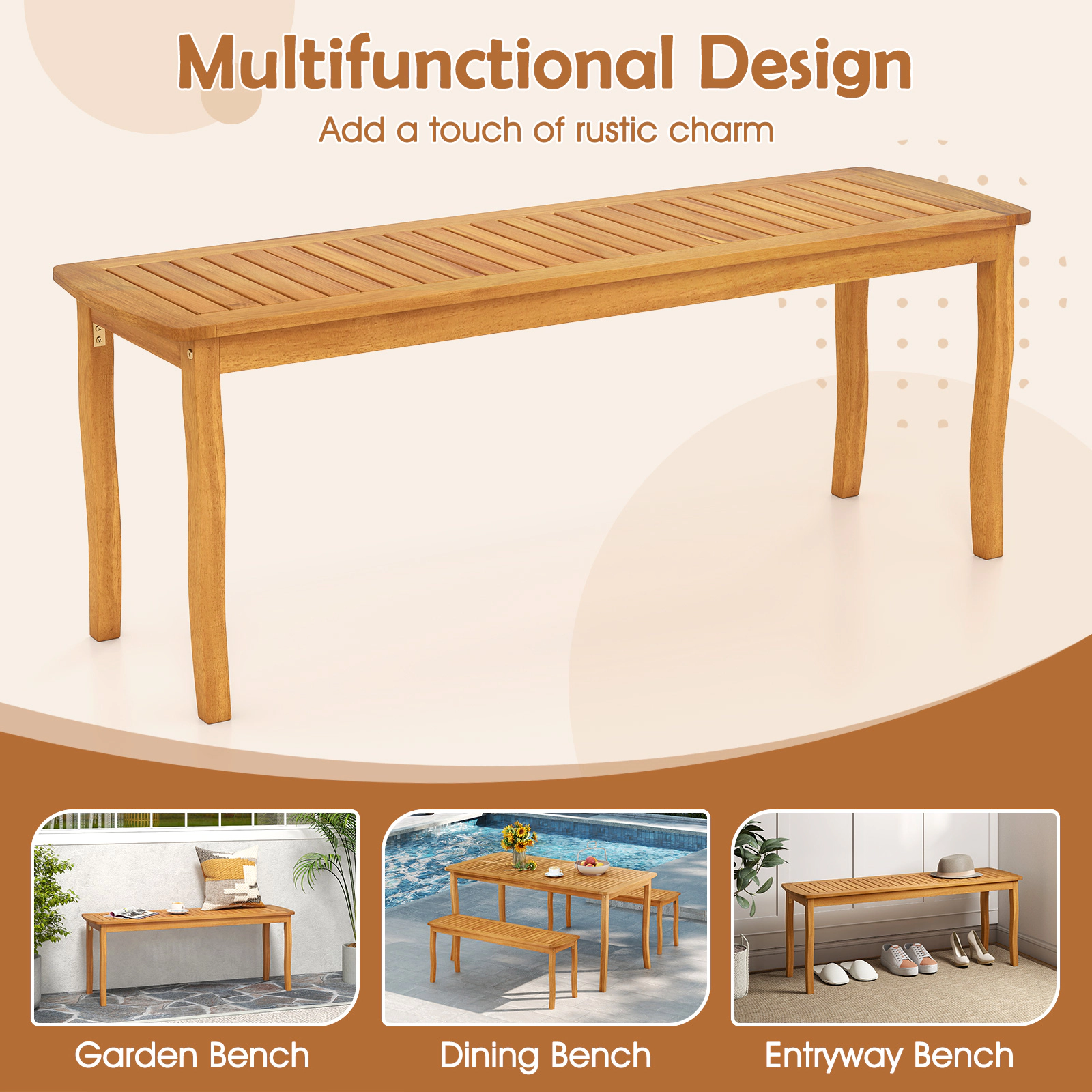 SUGIFT 48-in Long Acacia Wood Outdoor Patio Dining Bench 800-lb Capacity Natural 1-Piece Slatted Seat