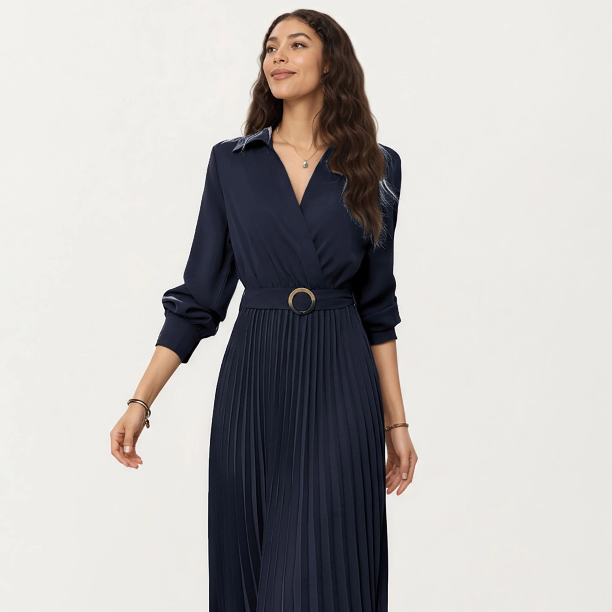 Anna-Kaci Women's Long Sleeve Pleated Skirt Structured Wrap Front Collar Detail Belted Waist Dress