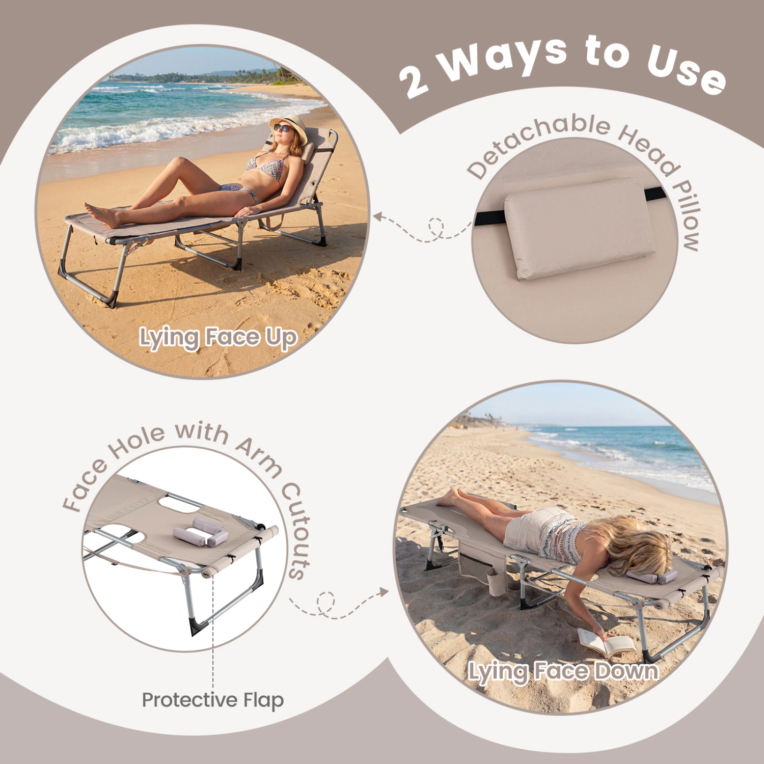 LJG Tanning Chair with Face Arm Holes Portable Sunbathing