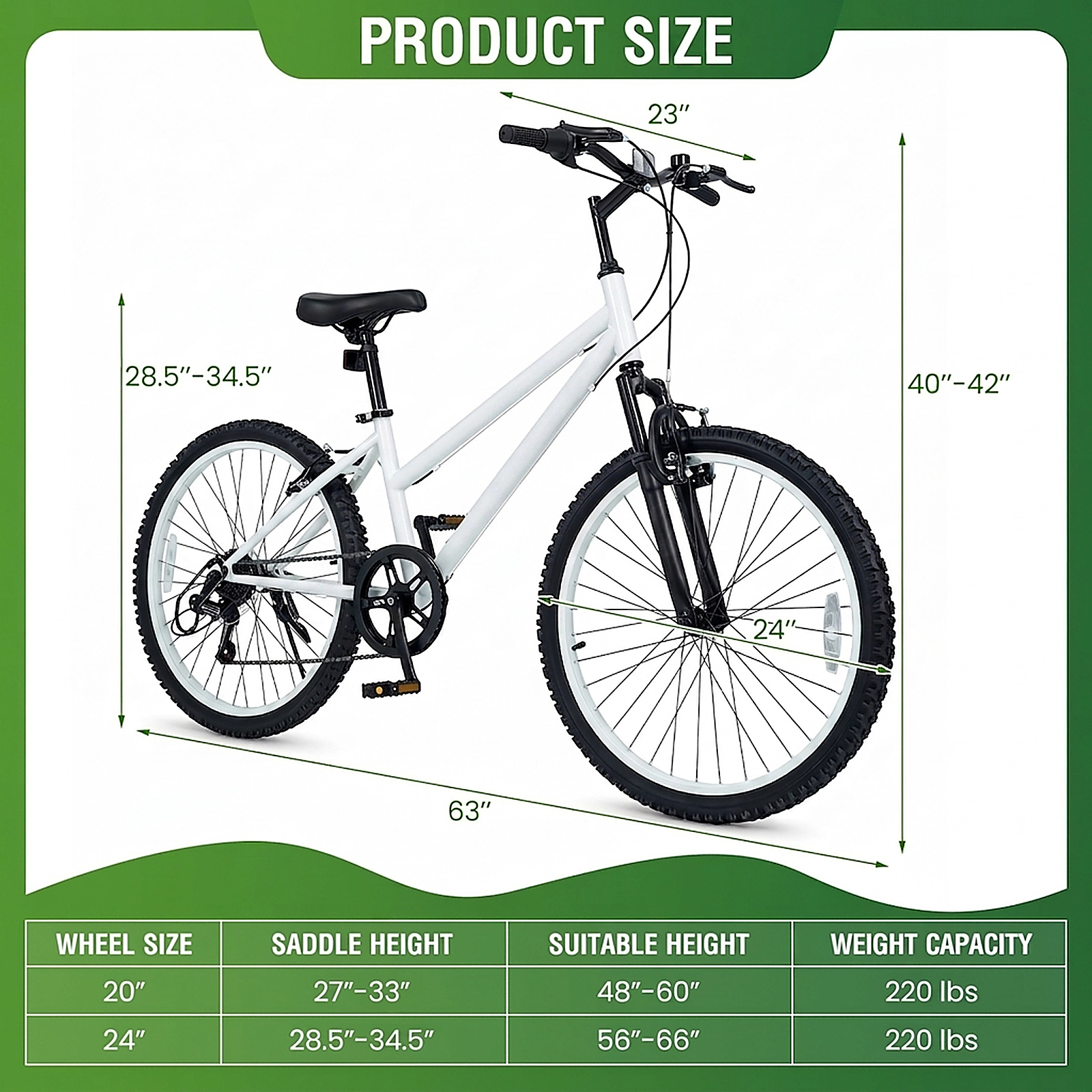 SUGIFT 24-Inch Kids Mountain Bike with 7-Speed Shifter and Suspension Fork 220-lb Capacity Ages 8+ White