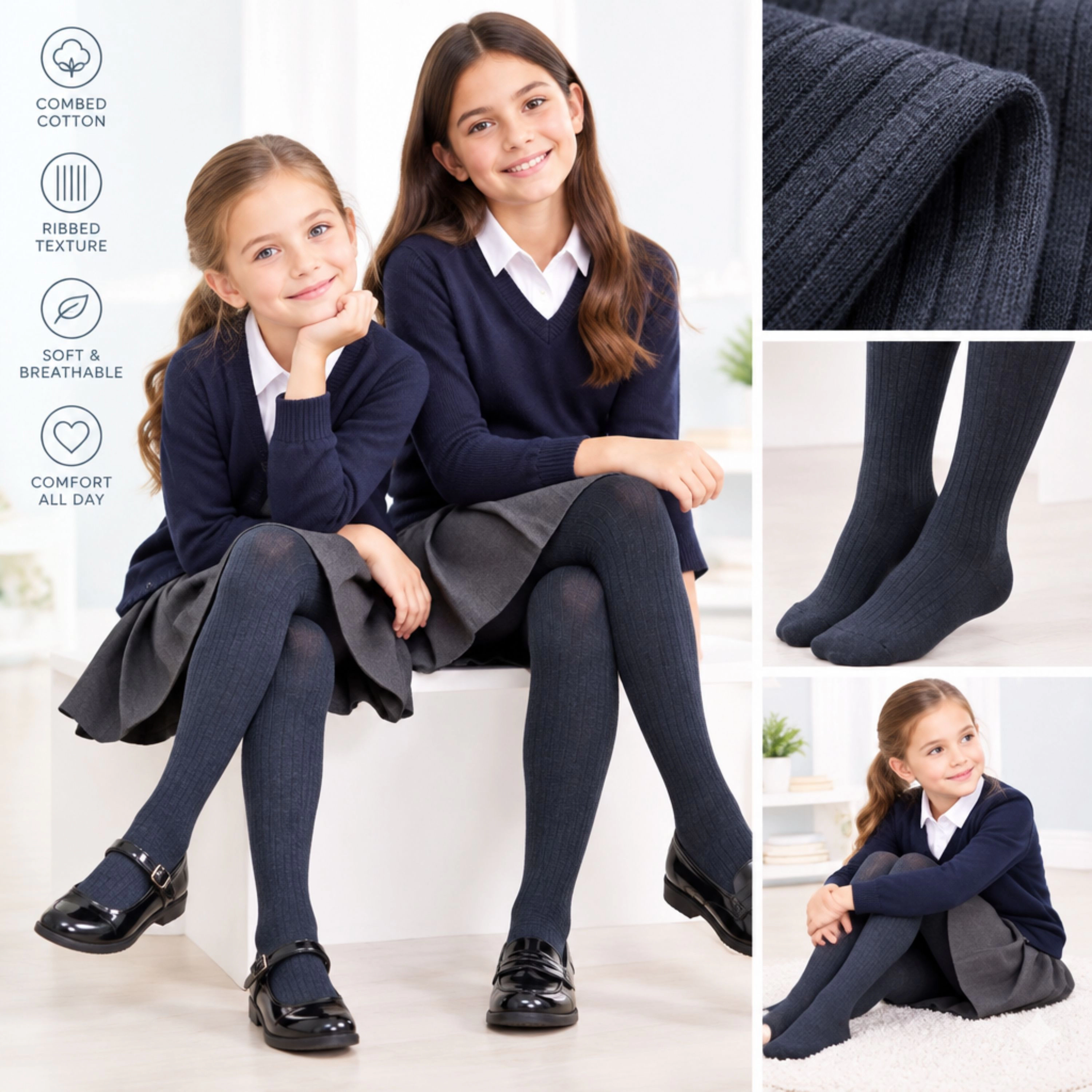 Wear Sierra Girls' Seamless Toe Cotton Tights  School Uniform Navy & Gray