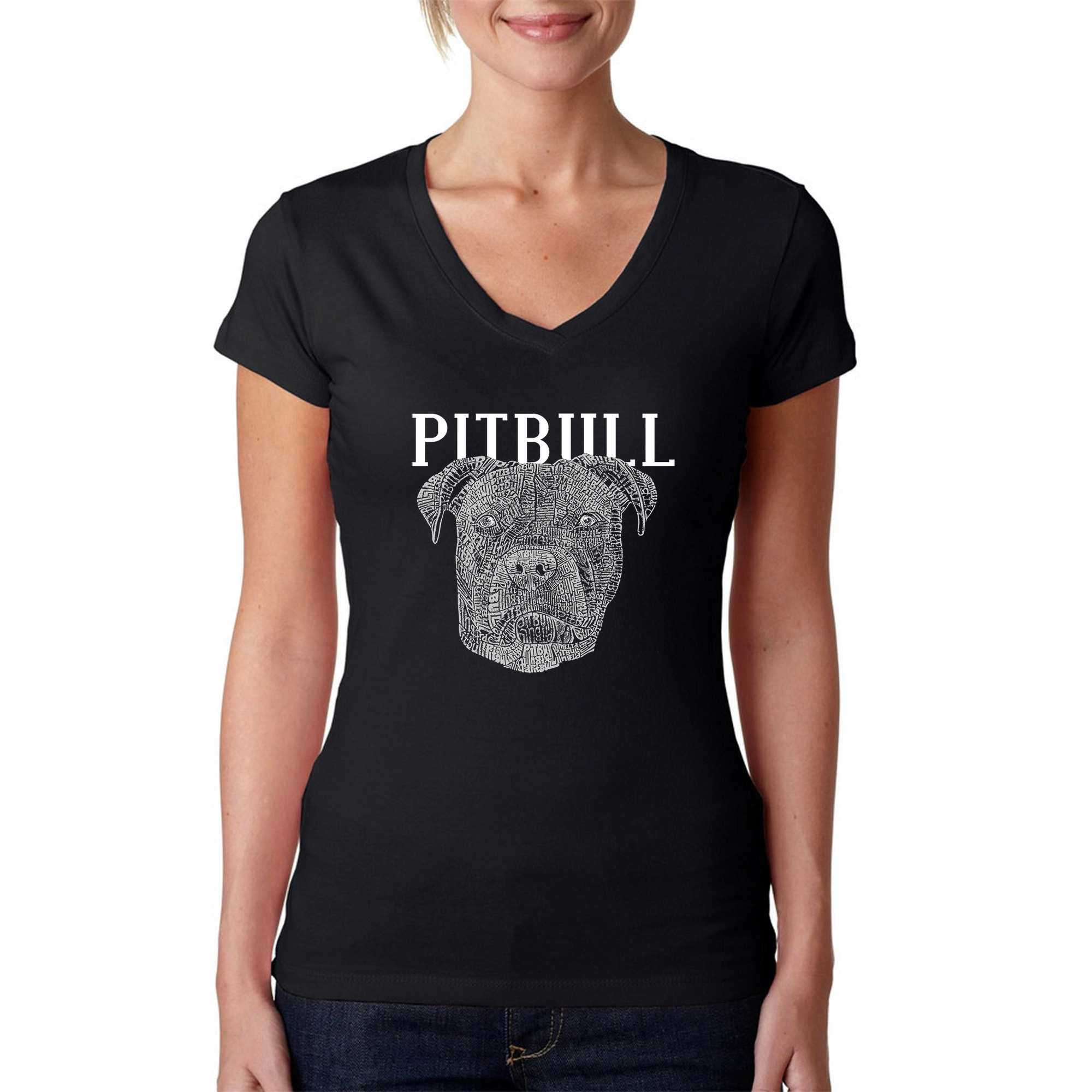 LA Pop Art Womens Word V-Neck T-Shirt - Pitbull Face