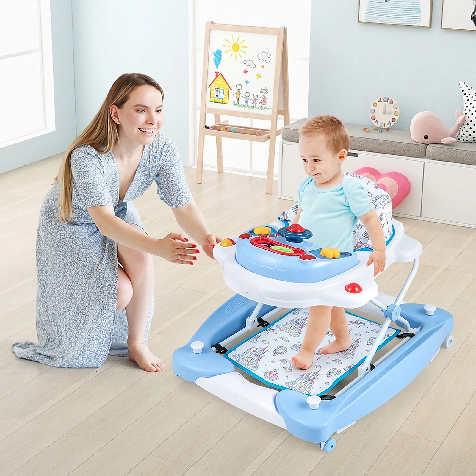 6-in-1 Foldable Baby Walker with Wheels 3 Adjustable Heights Music Tray and Washable Seat for Boys and Girls in Blue
