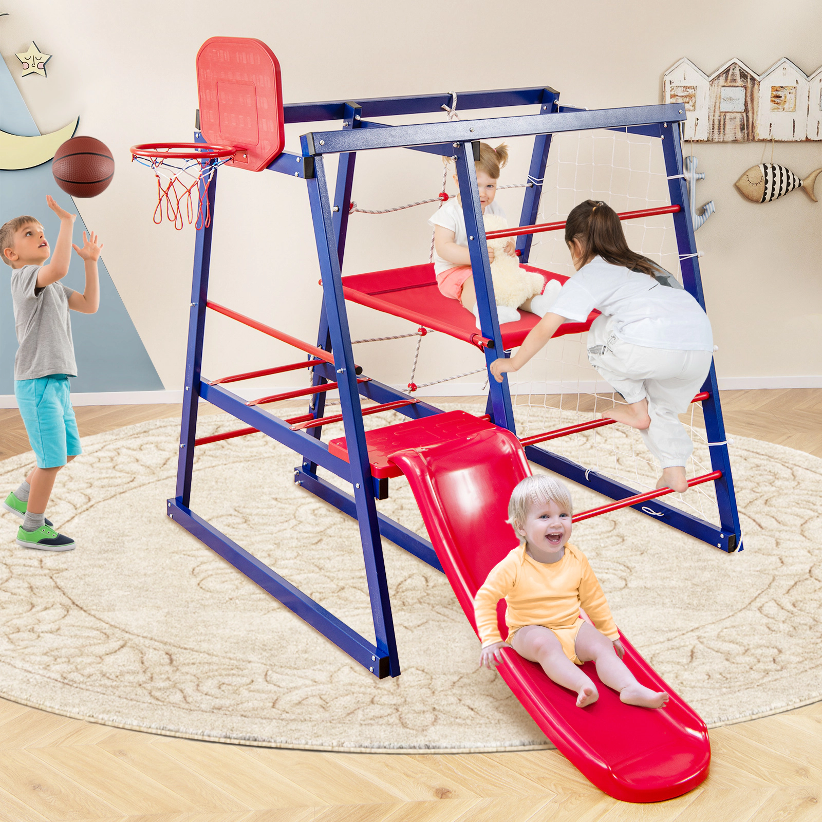 SUGIFT 7-in-1 Metal Toddler Climbing Playset with Slide and Fabric Platform 265-lb Capacity for Ages 3-7 Red Blue